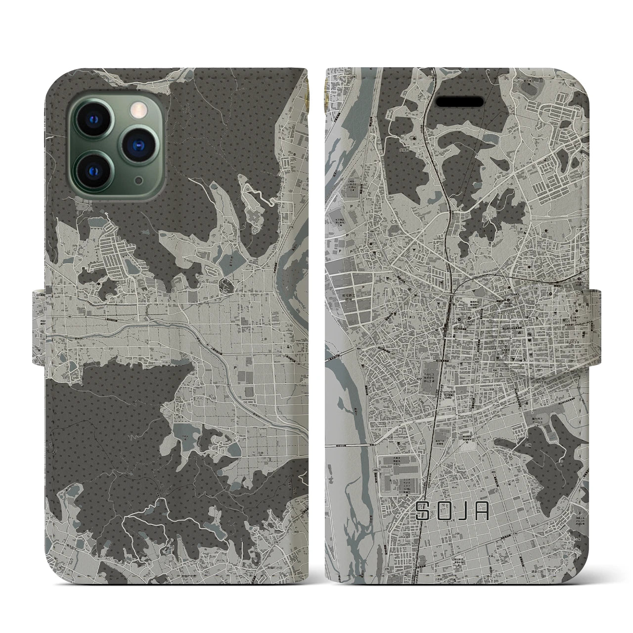 【総社(岡山県)】地図柄iPhoneケース(手帳タイプ)モノトーン・iPhone 11 Pro 用