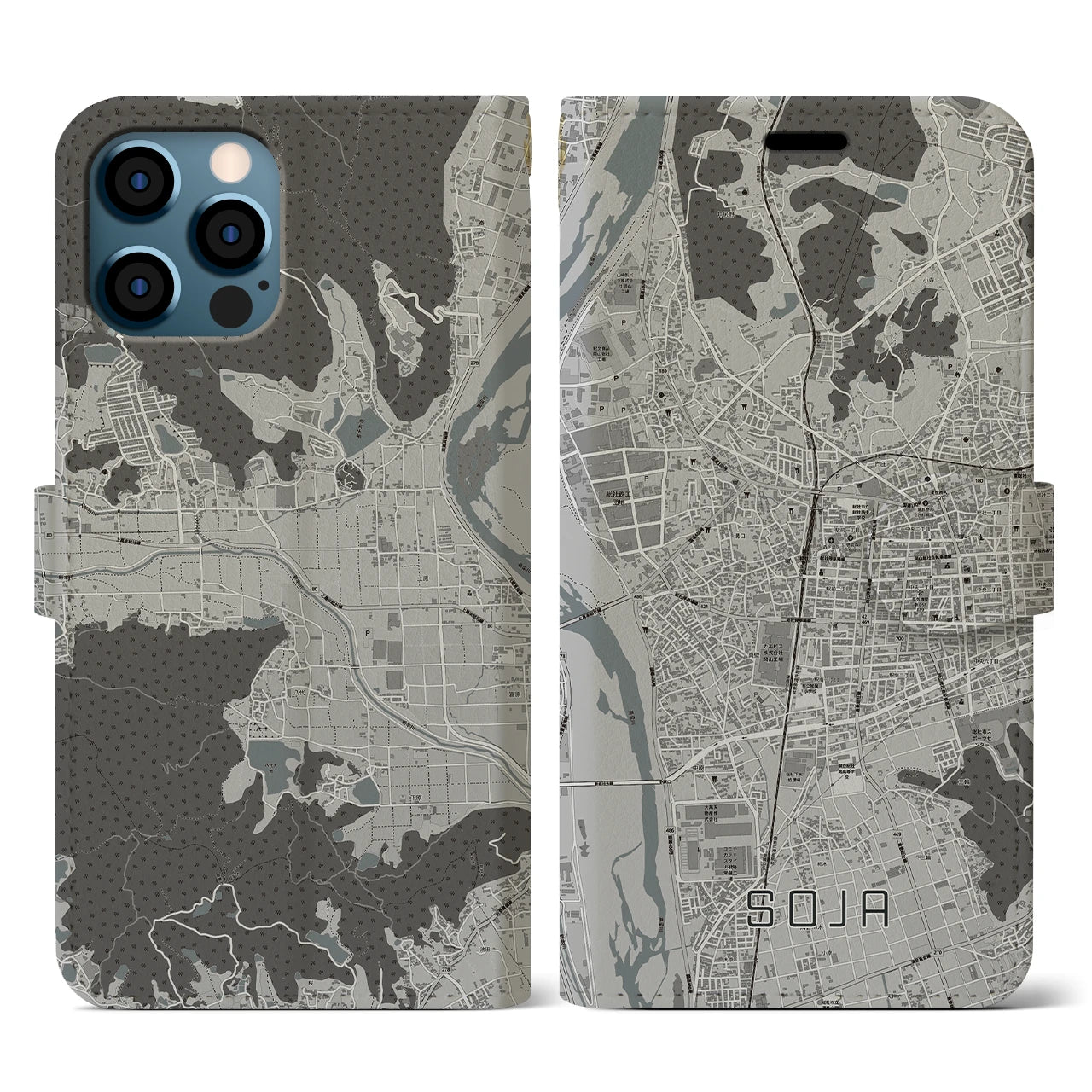 【総社(岡山県)】地図柄iPhoneケース(手帳タイプ)モノトーン・iPhone 12 / 12 Pro 用