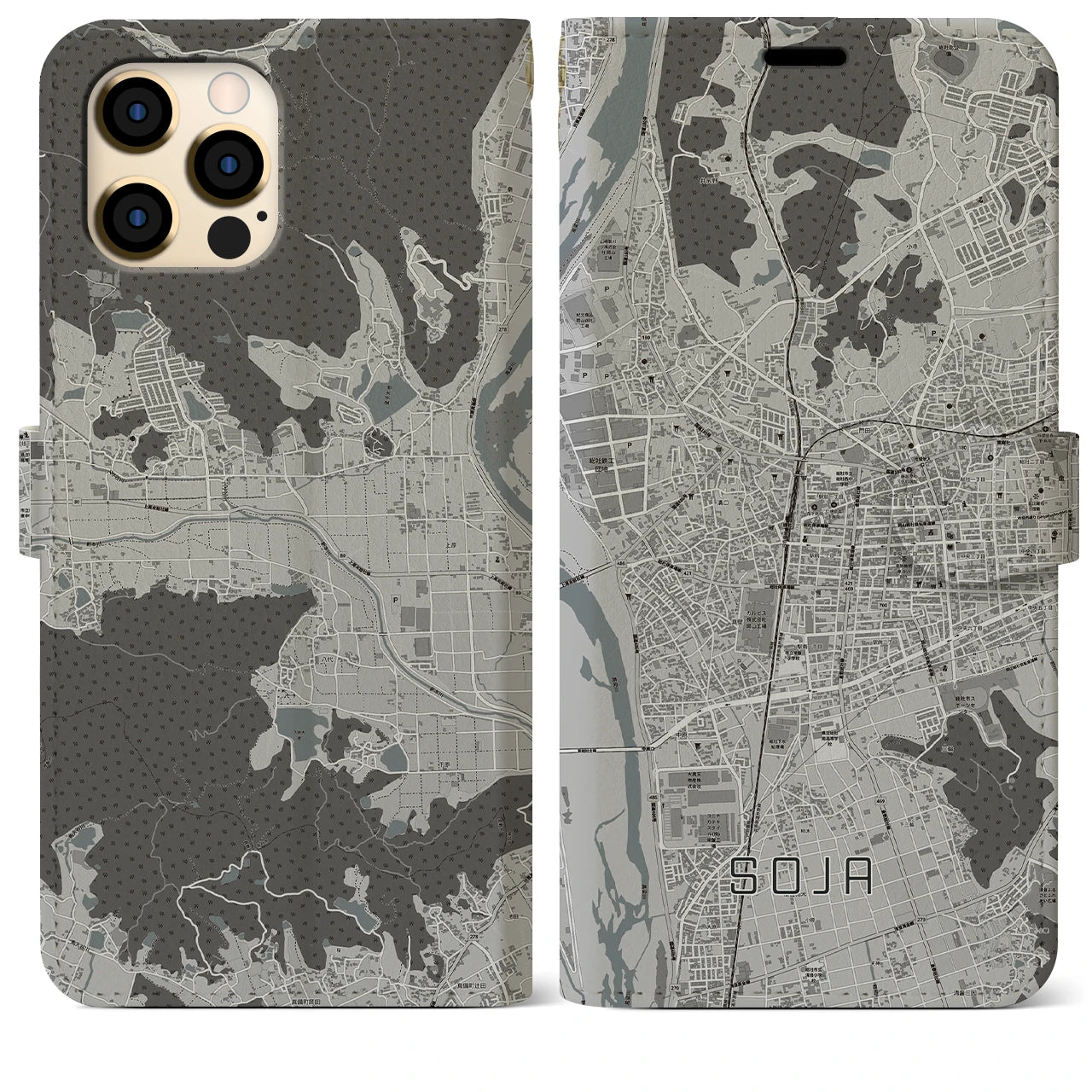 【総社(岡山県)】地図柄iPhoneケース(手帳タイプ)モノトーン・iPhone 12 Pro Max 用