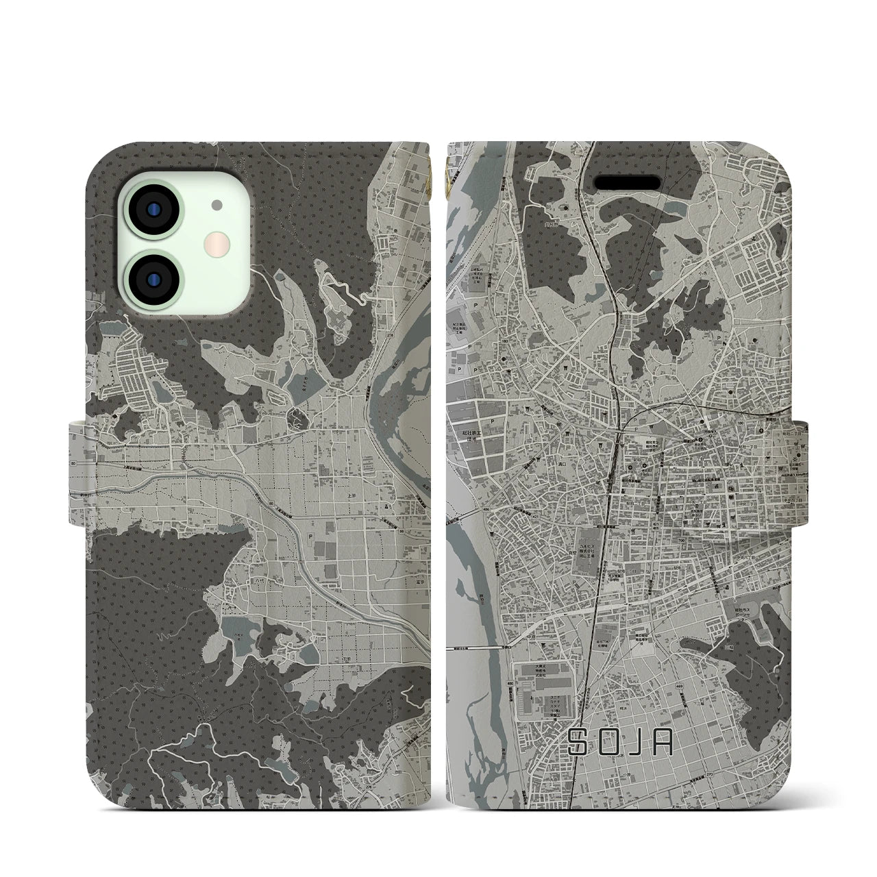 【総社(岡山県)】地図柄iPhoneケース(手帳タイプ)モノトーン・iPhone 12 mini 用