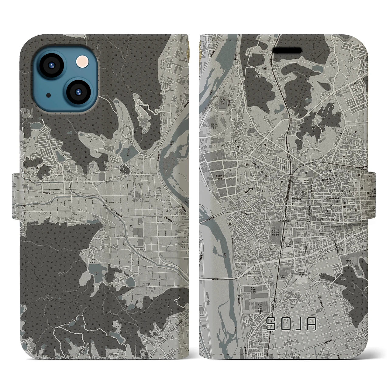 【総社(岡山県)】地図柄iPhoneケース(手帳タイプ)モノトーン・iPhone 13 用
