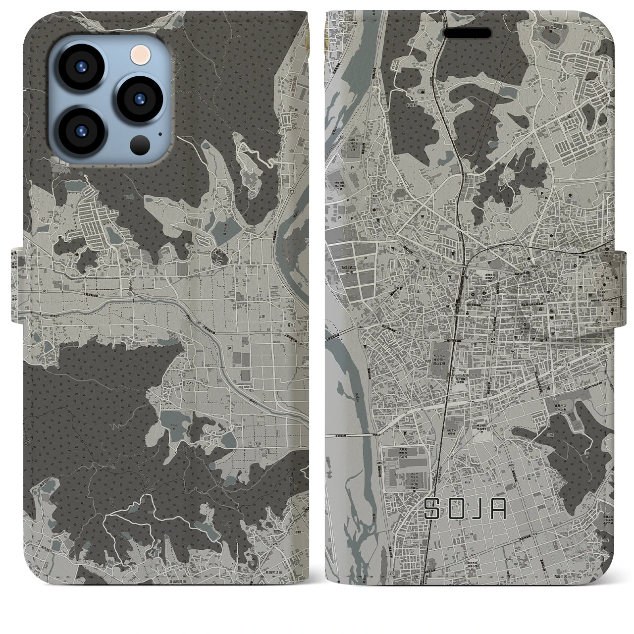 【総社(岡山県)】地図柄iPhoneケース(手帳タイプ)モノトーン・iPhone 13 Pro Max 用
