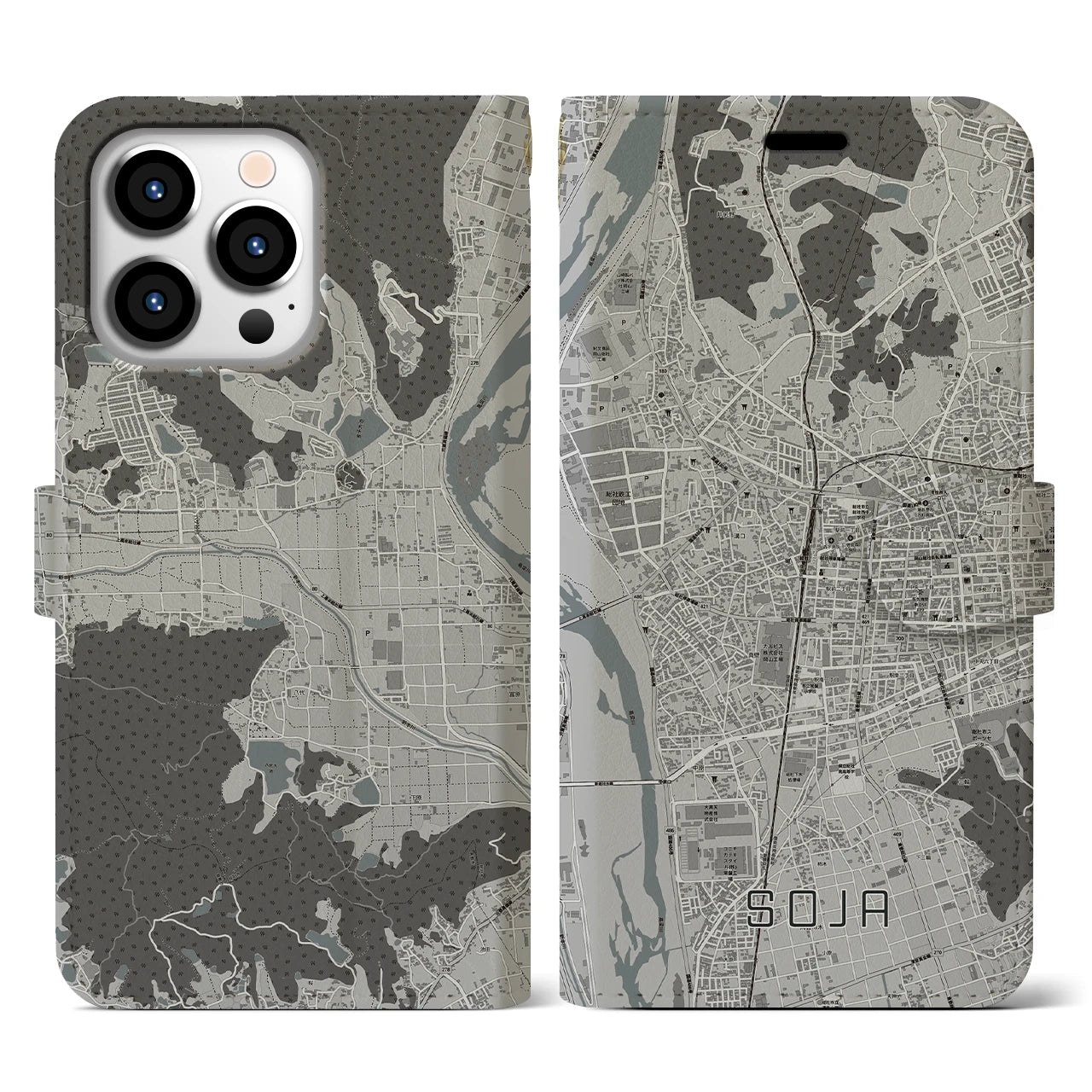 【総社(岡山県)】地図柄iPhoneケース(手帳タイプ)モノトーン・iPhone 13 Pro 用