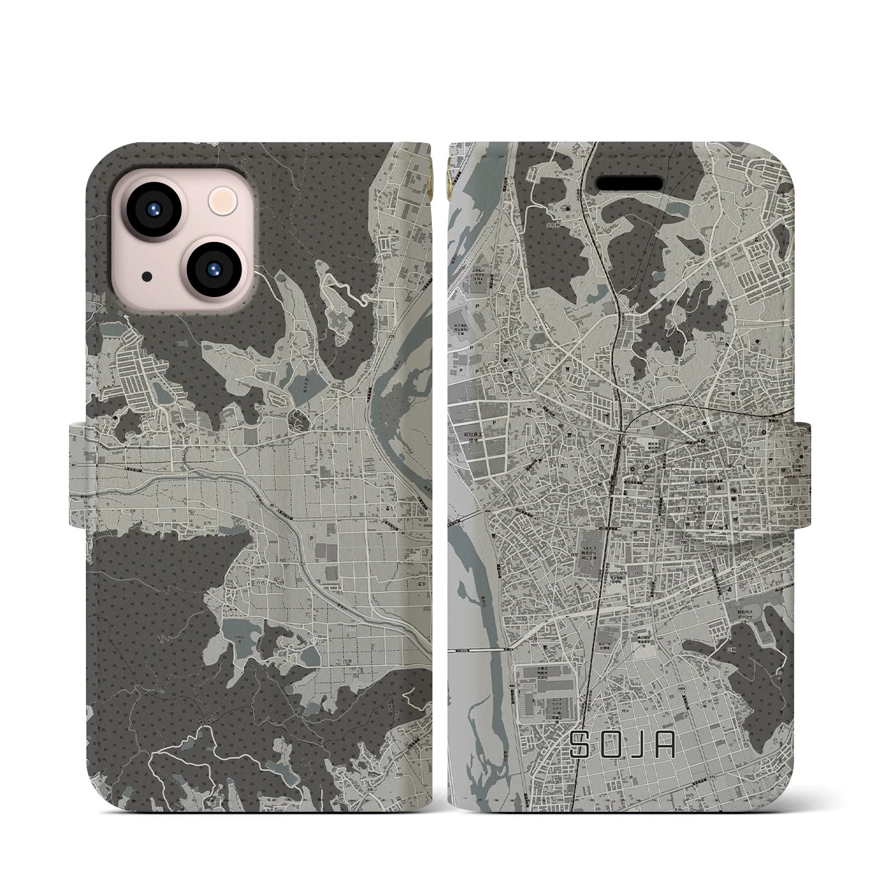 【総社(岡山県)】地図柄iPhoneケース(手帳タイプ)モノトーン・iPhone 13 mini 用