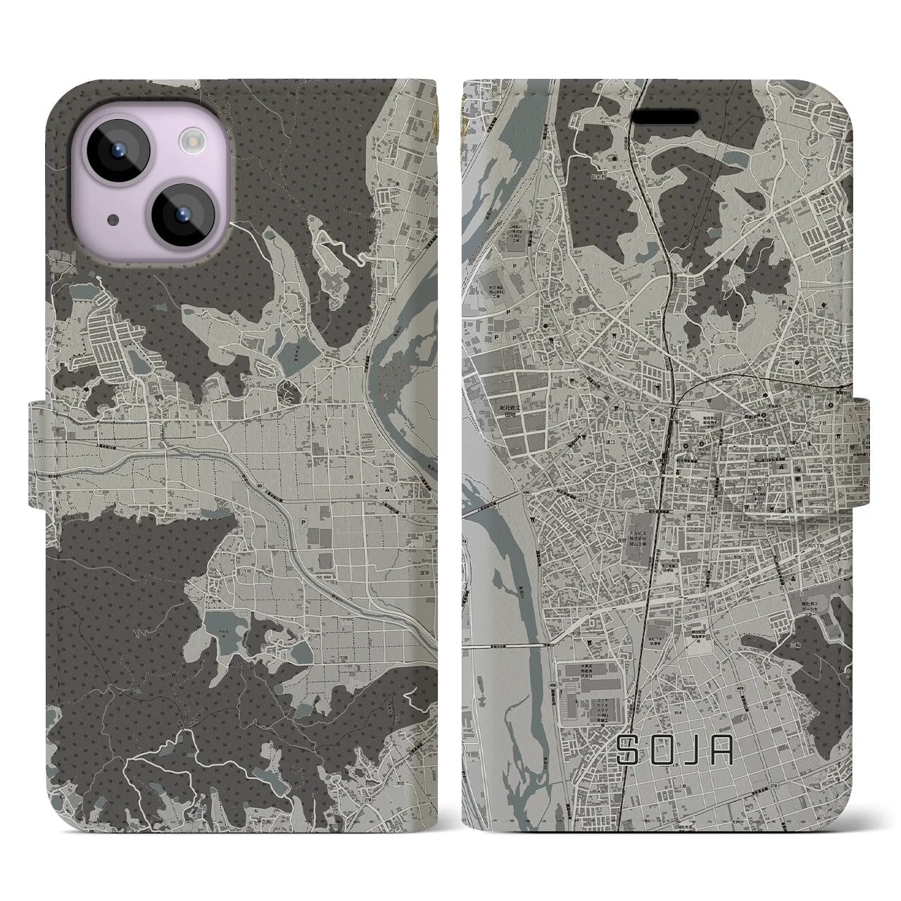 【総社(岡山県)】地図柄iPhoneケース(手帳タイプ)モノトーン・iPhone 14 用