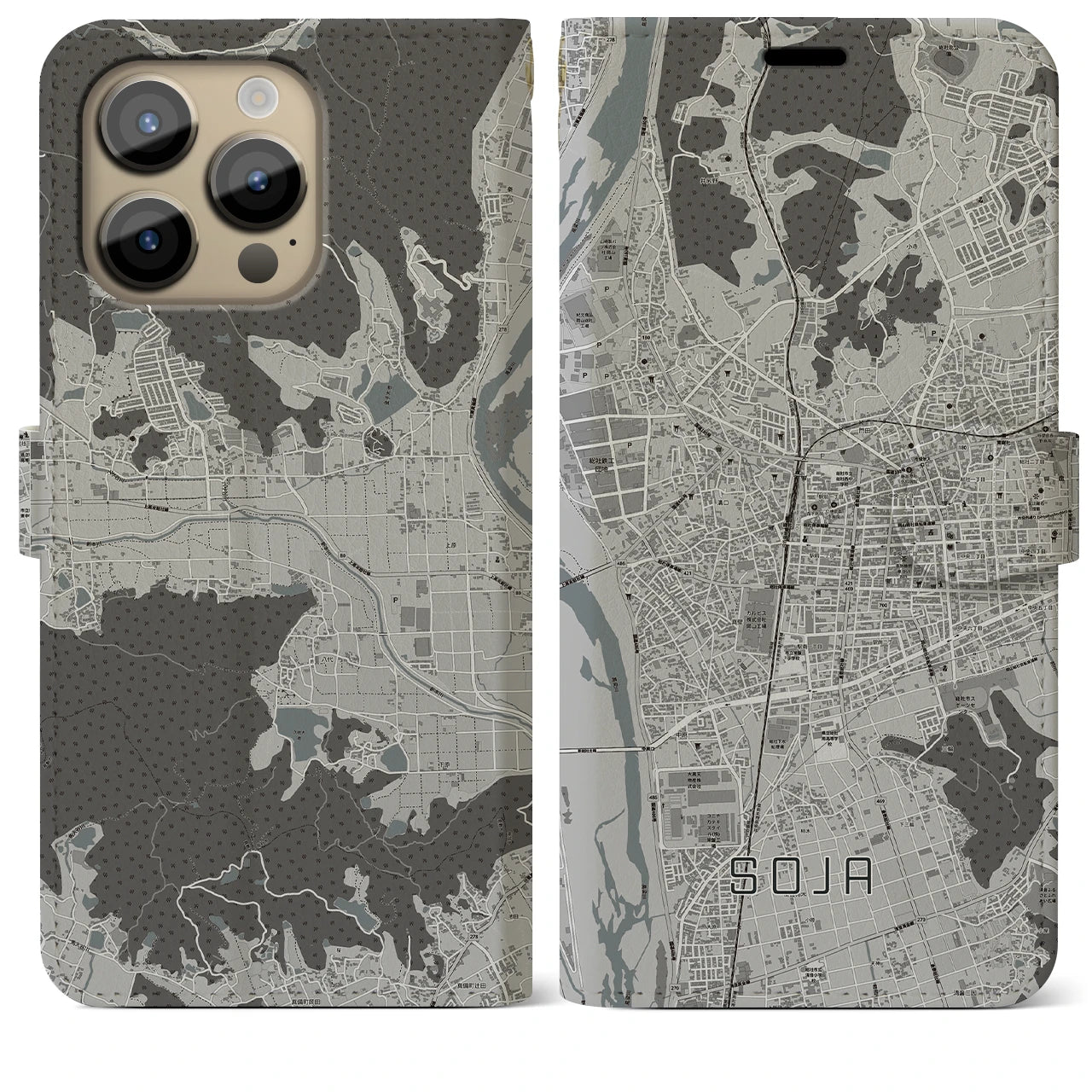 【総社(岡山県)】地図柄iPhoneケース(手帳タイプ)モノトーン・iPhone 14 Pro Max 用