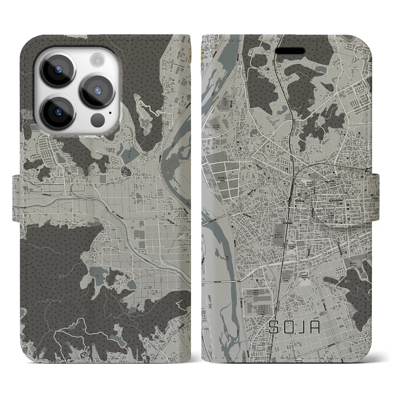 【総社(岡山県)】地図柄iPhoneケース(手帳タイプ)モノトーン・iPhone 14 Pro 用