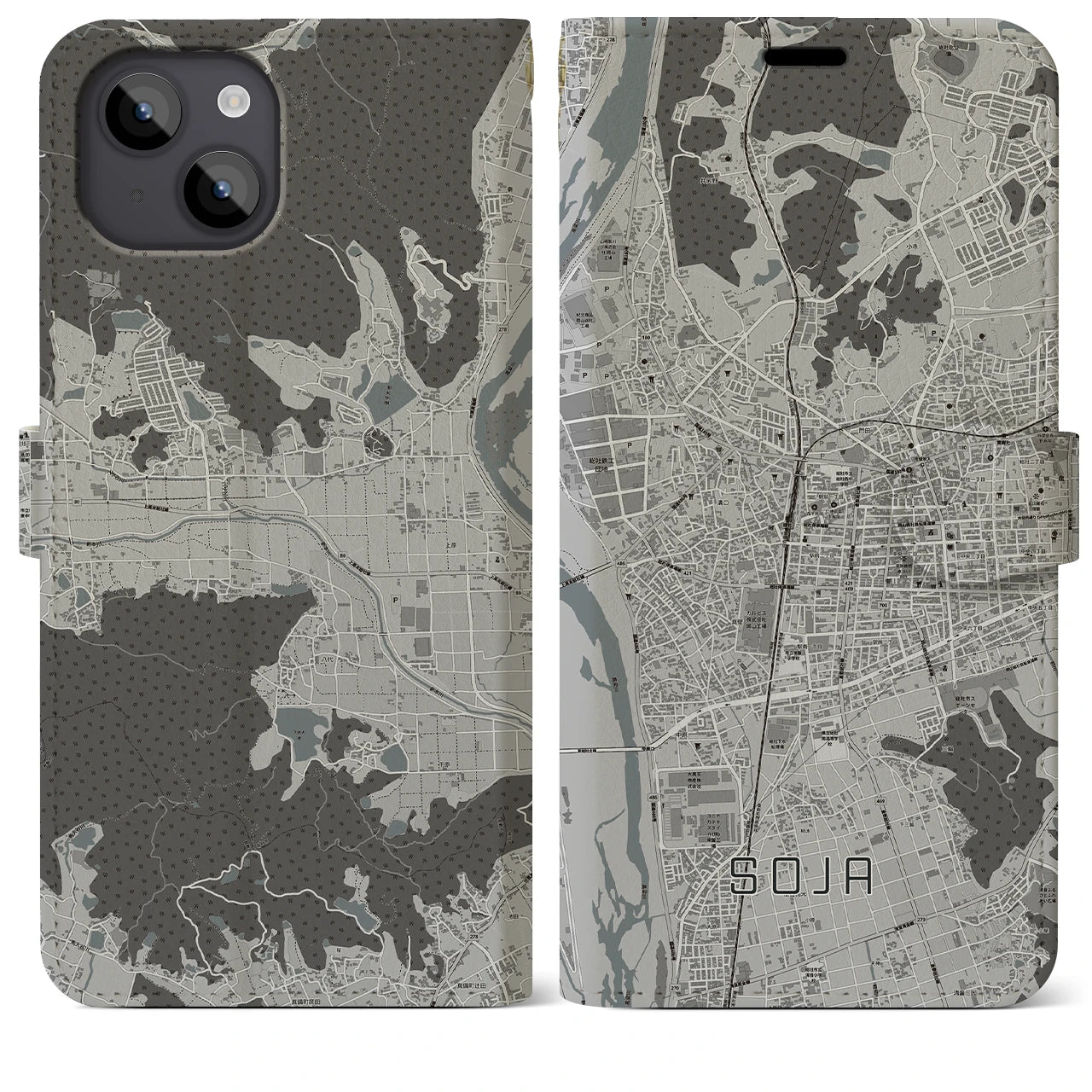 【総社(岡山県)】地図柄iPhoneケース(手帳タイプ)モノトーン・iPhone 14 Plus 用