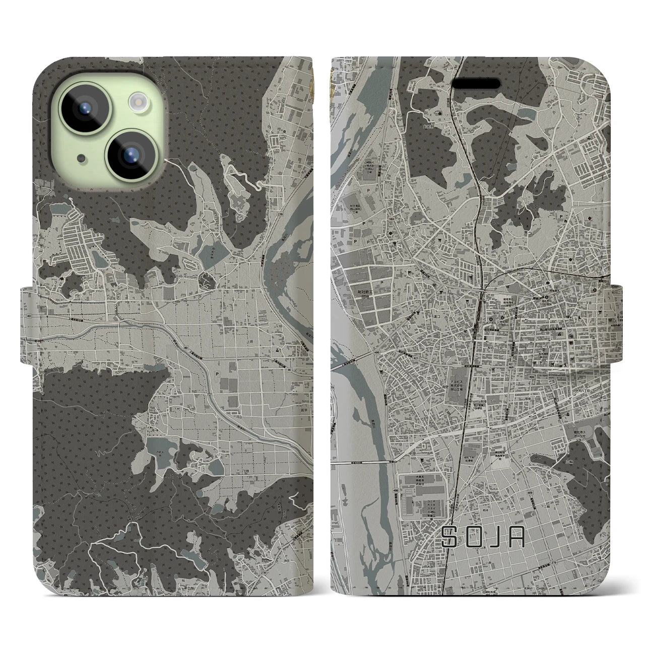 【総社(岡山県)】地図柄iPhoneケース(手帳タイプ)モノトーン・iPhone 15 用