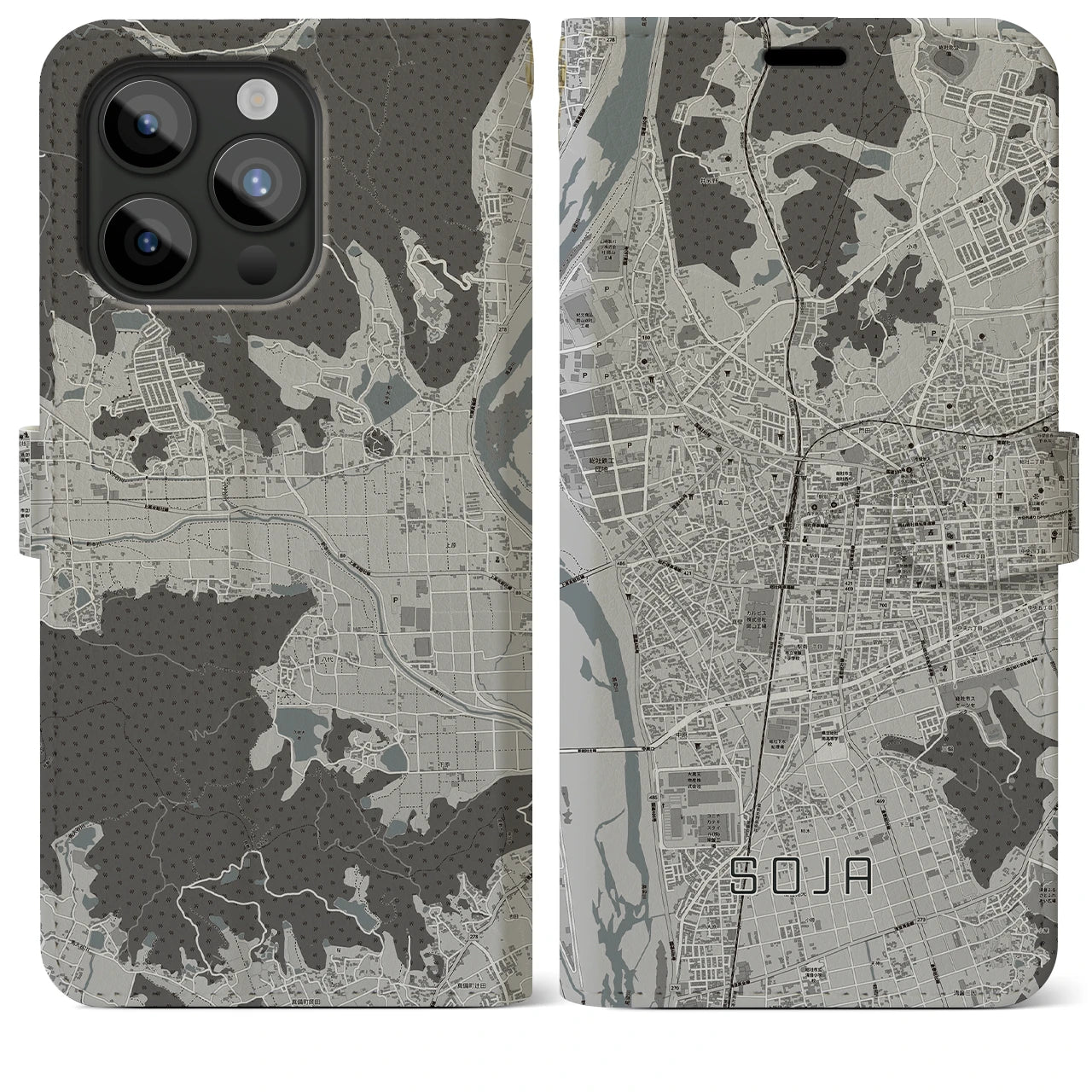 【総社(岡山県)】地図柄iPhoneケース(手帳タイプ)モノトーン・iPhone 15 Pro Max 用