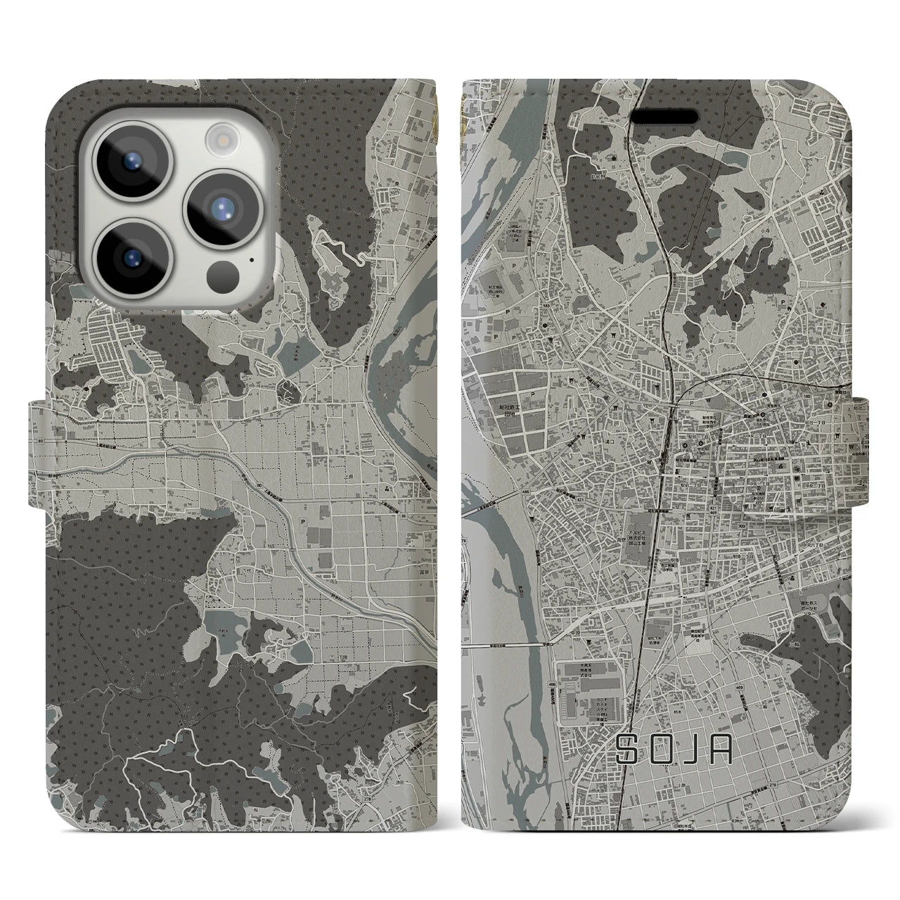 【総社(岡山県)】地図柄iPhoneケース(手帳タイプ)モノトーン・iPhone 15 Pro 用