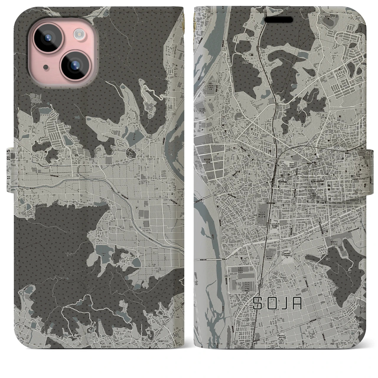 【総社(岡山県)】地図柄iPhoneケース(手帳タイプ)モノトーン・iPhone 15 Plus 用