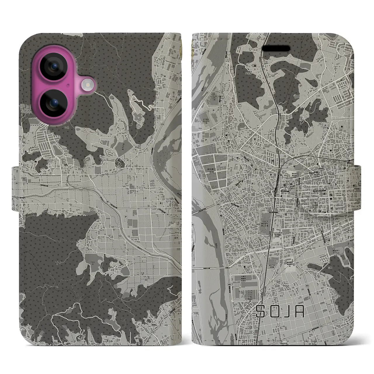【総社(岡山県)】地図柄iPhoneケース(手帳タイプ)モノトーン・iPhone 16 Pro 用