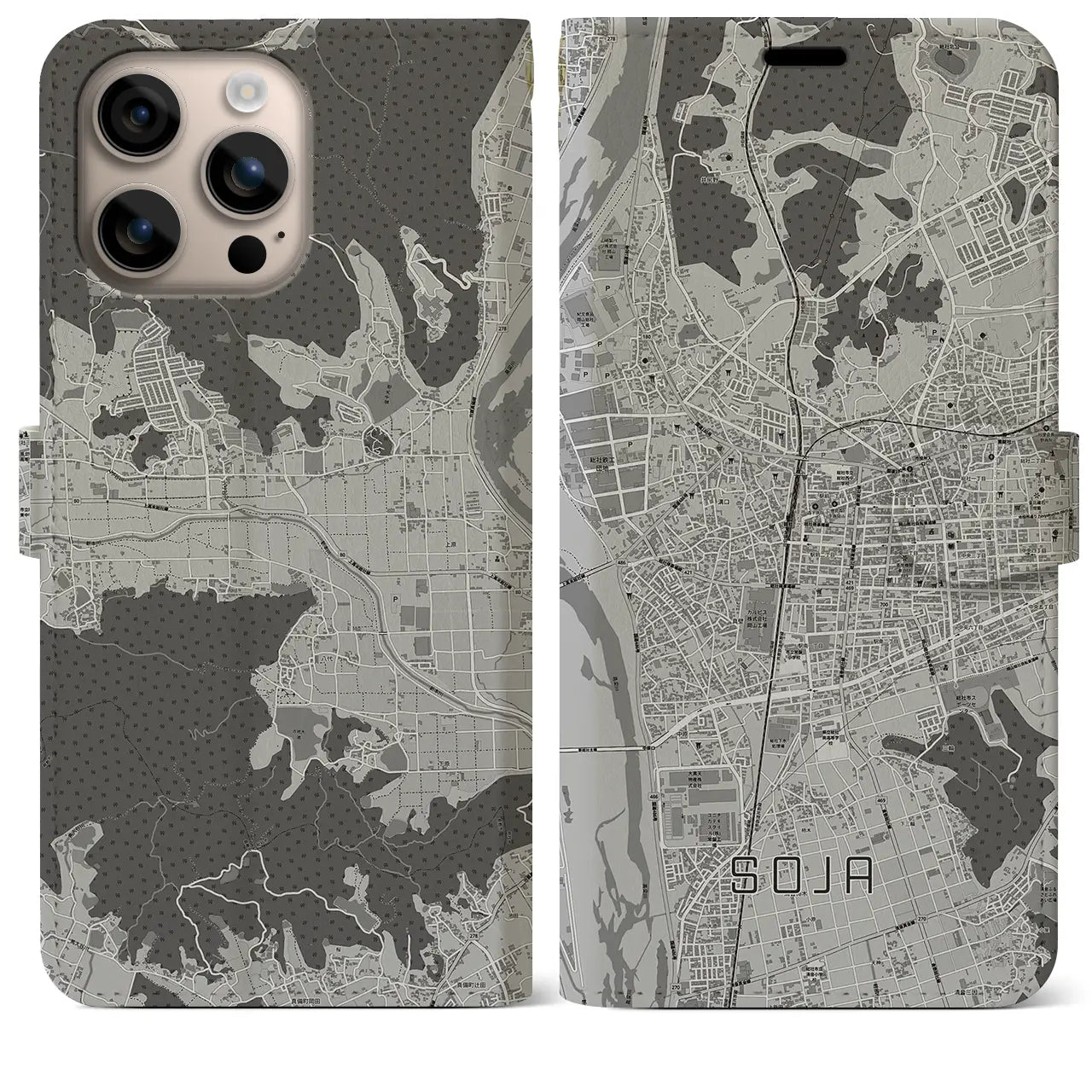 【総社(岡山県)】地図柄iPhoneケース(手帳タイプ)モノトーン・iPhone 16 Plus 用