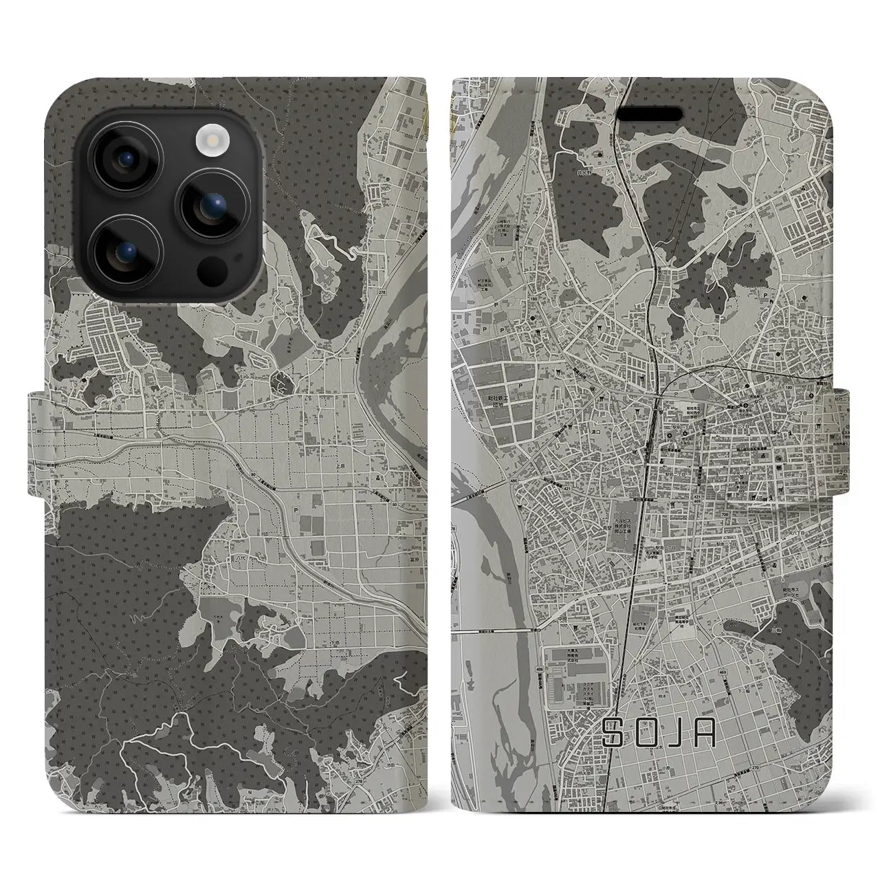 【総社(岡山県)】地図柄iPhoneケース(手帳タイプ)モノトーン・iPhone 16 用