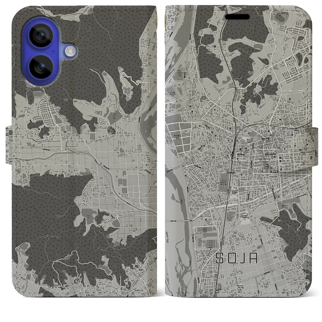 【総社(岡山県)】地図柄iPhoneケース(手帳タイプ)モノトーン・iPhone 16 Pro Max 用