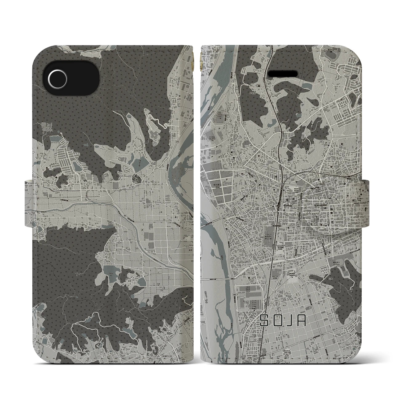 【総社(岡山県)】地図柄iPhoneケース(手帳タイプ)モノトーン・iPhone SE(第3 / 第2世代) / 8 / 7 / 6s / 6 用