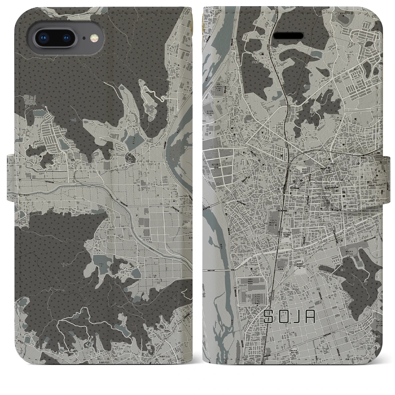 【総社(岡山県)】地図柄iPhoneケース(手帳タイプ)モノトーン・iPhone 8Plus /7Plus / 6sPlus / 6Plus 用