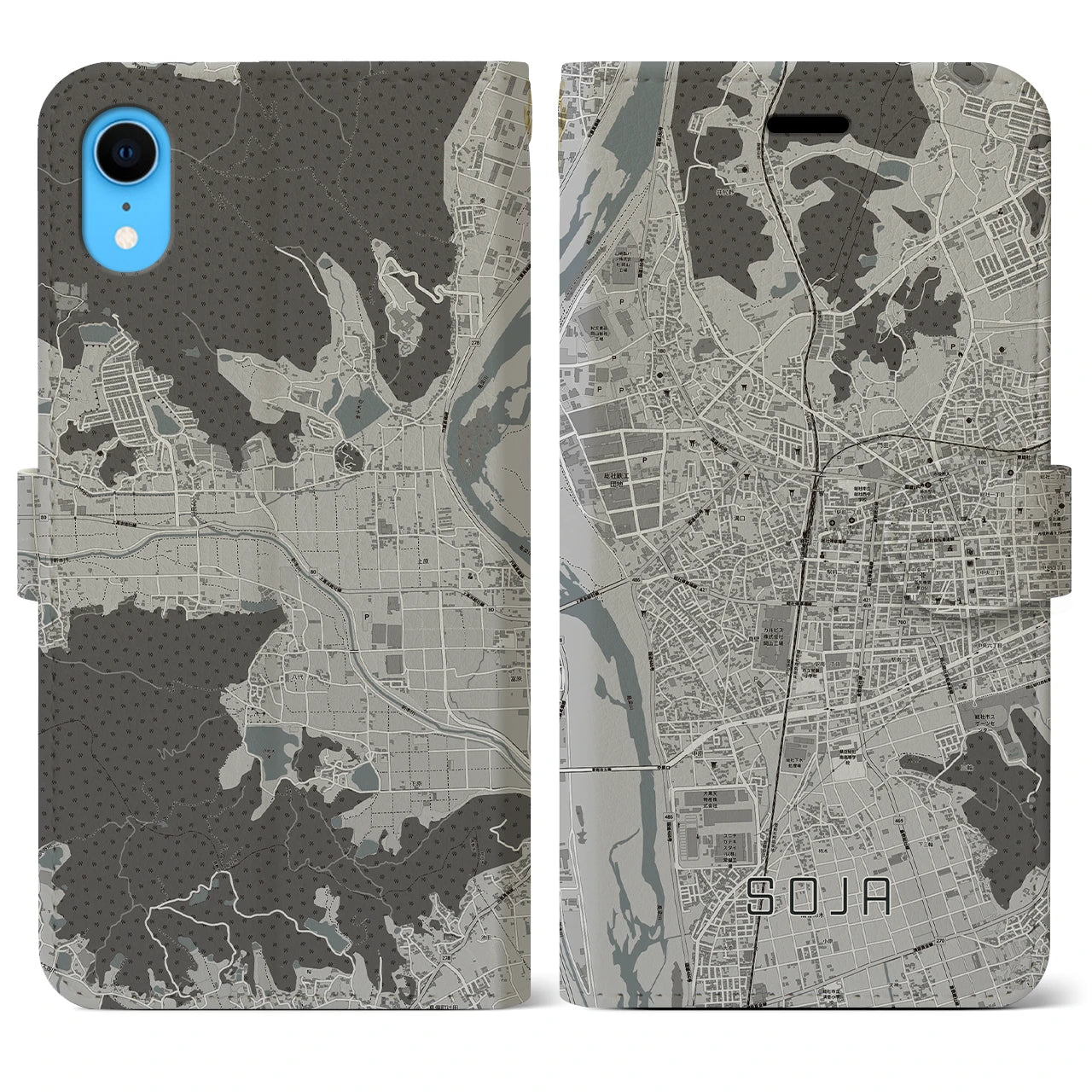 【総社(岡山県)】地図柄iPhoneケース(手帳タイプ)モノトーン・iPhone XR 用
