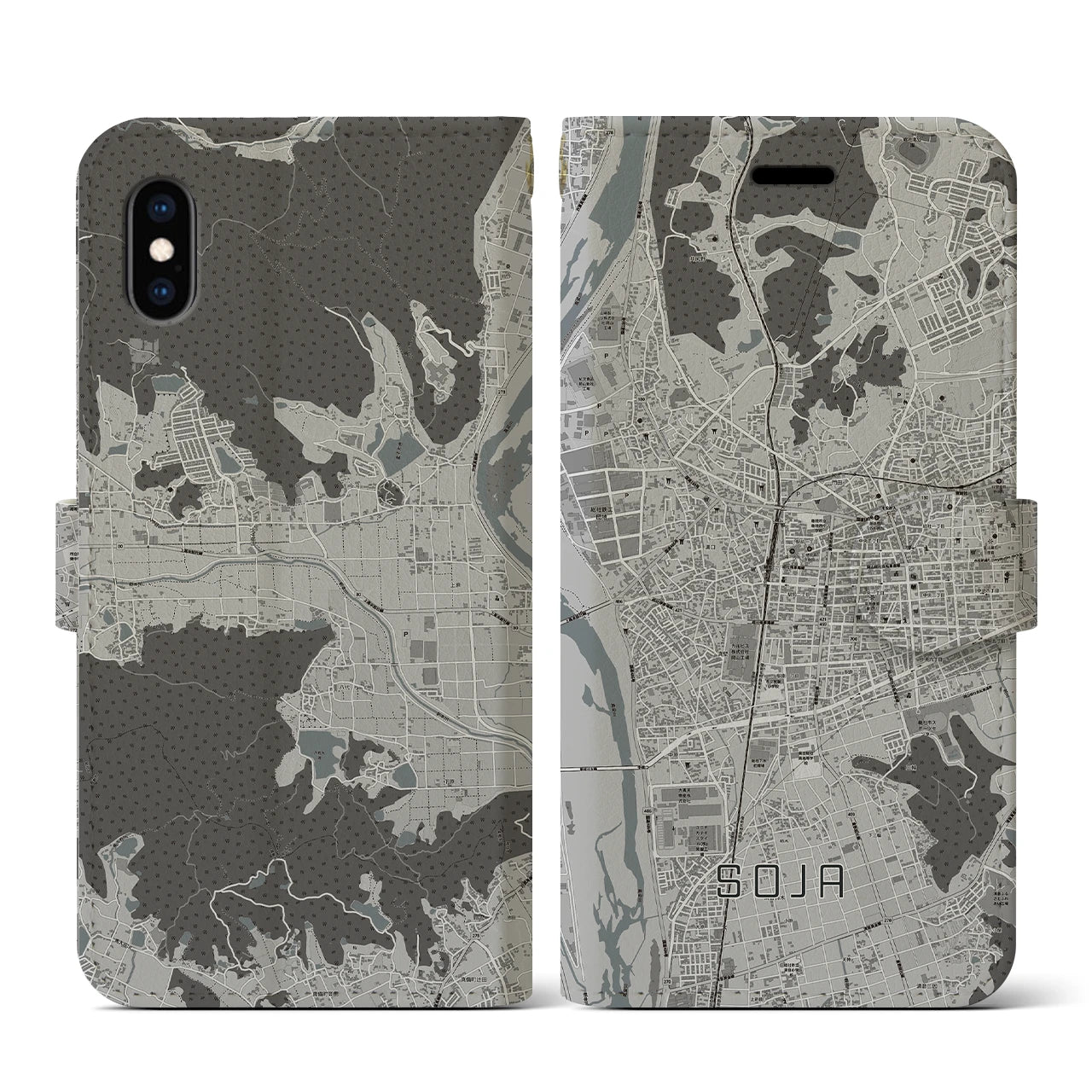 【総社(岡山県)】地図柄iPhoneケース(手帳タイプ)モノトーン・iPhone XS / X 用