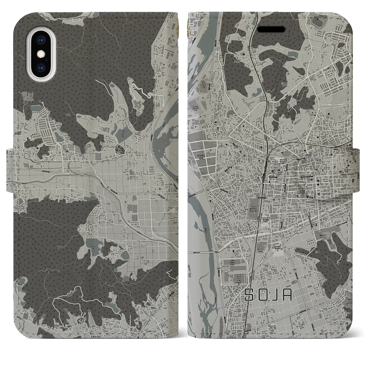 【総社(岡山県)】地図柄iPhoneケース(手帳タイプ)モノトーン・iPhone XS Max 用