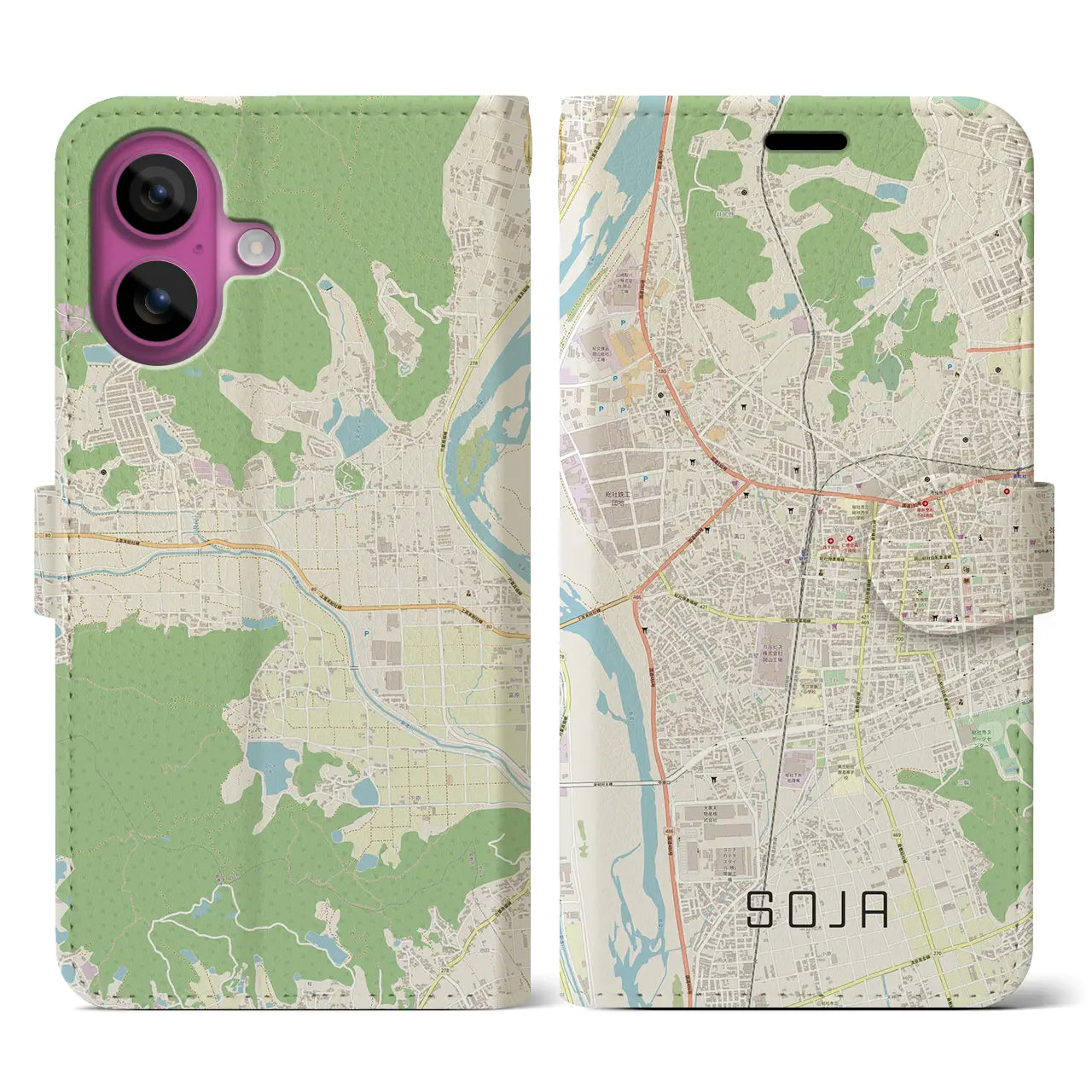 【総社(岡山県)】地図柄iPhoneケース(手帳タイプ)ナチュラル・iPhone 16 Pro 用