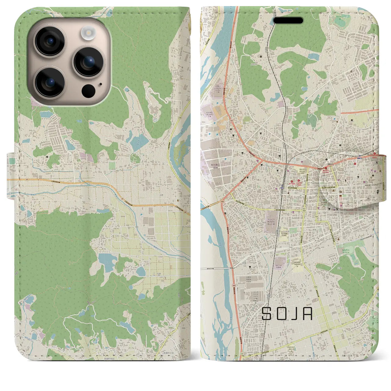 【総社(岡山県)】地図柄iPhoneケース(手帳タイプ)ナチュラル・iPhone 16 Plus 用
