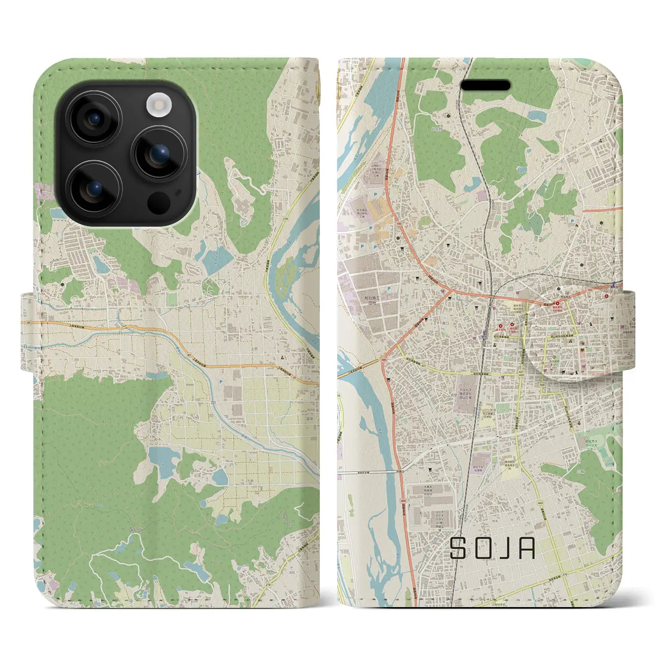 【総社(岡山県)】地図柄iPhoneケース(手帳タイプ)ナチュラル・iPhone 16 用