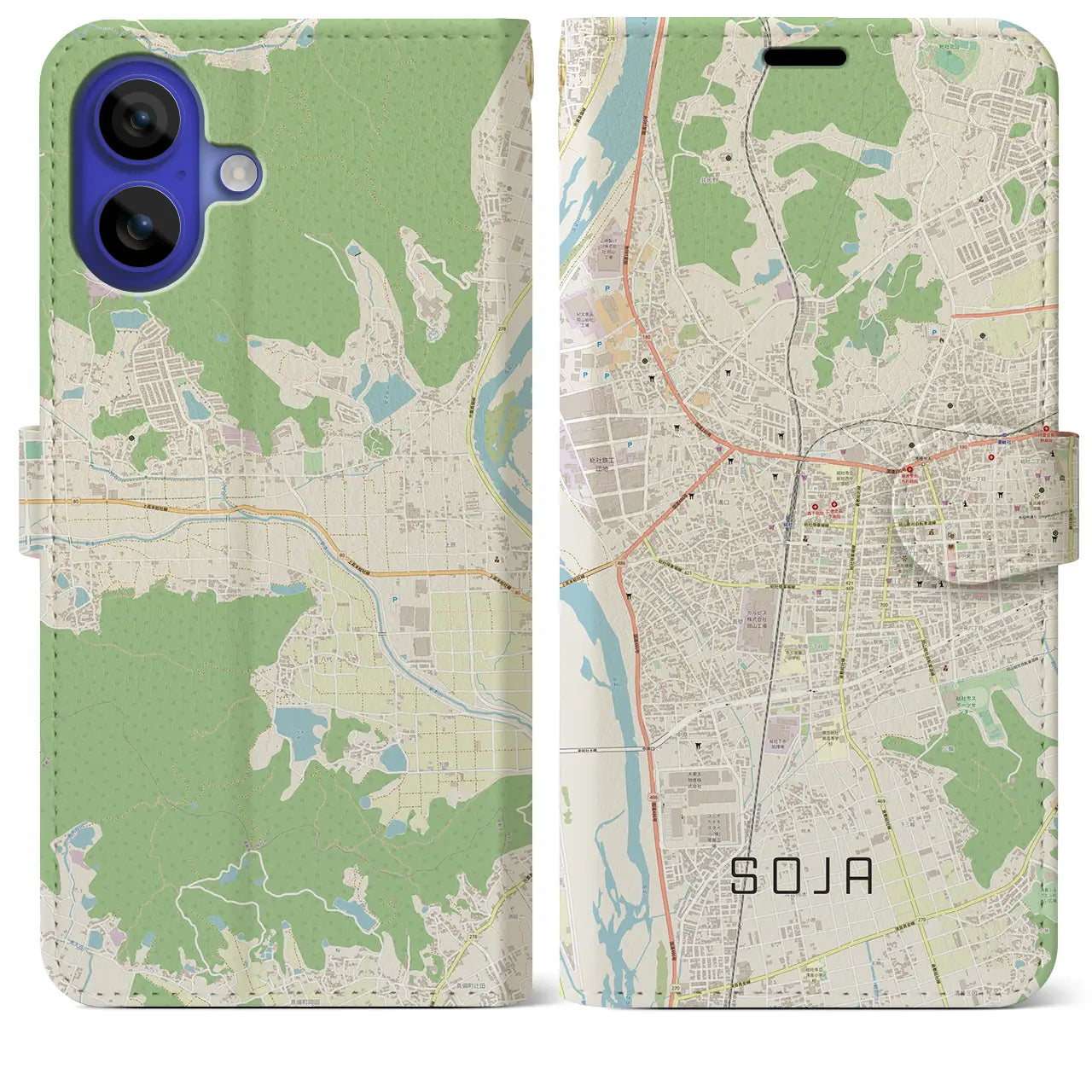 【総社(岡山県)】地図柄iPhoneケース(手帳タイプ)ナチュラル・iPhone 16 Pro Max 用