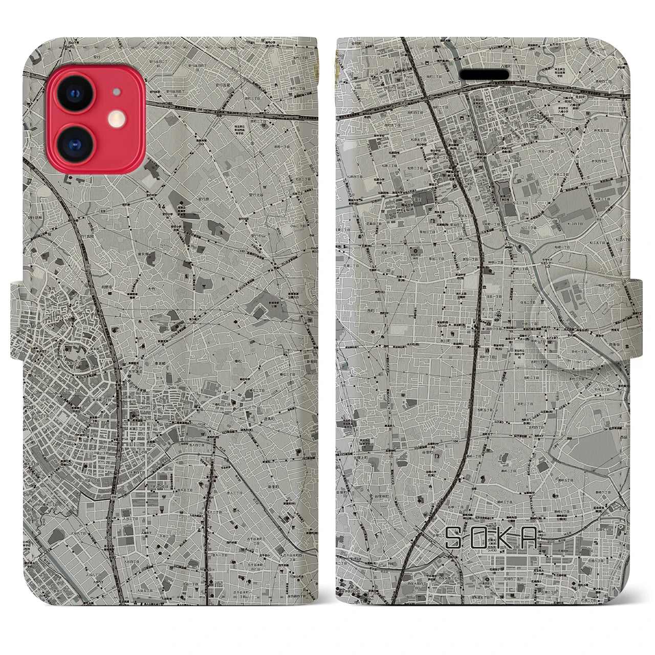 【草加(埼玉県)】地図柄iPhoneケース(手帳タイプ)モノトーン・iPhone 11 用