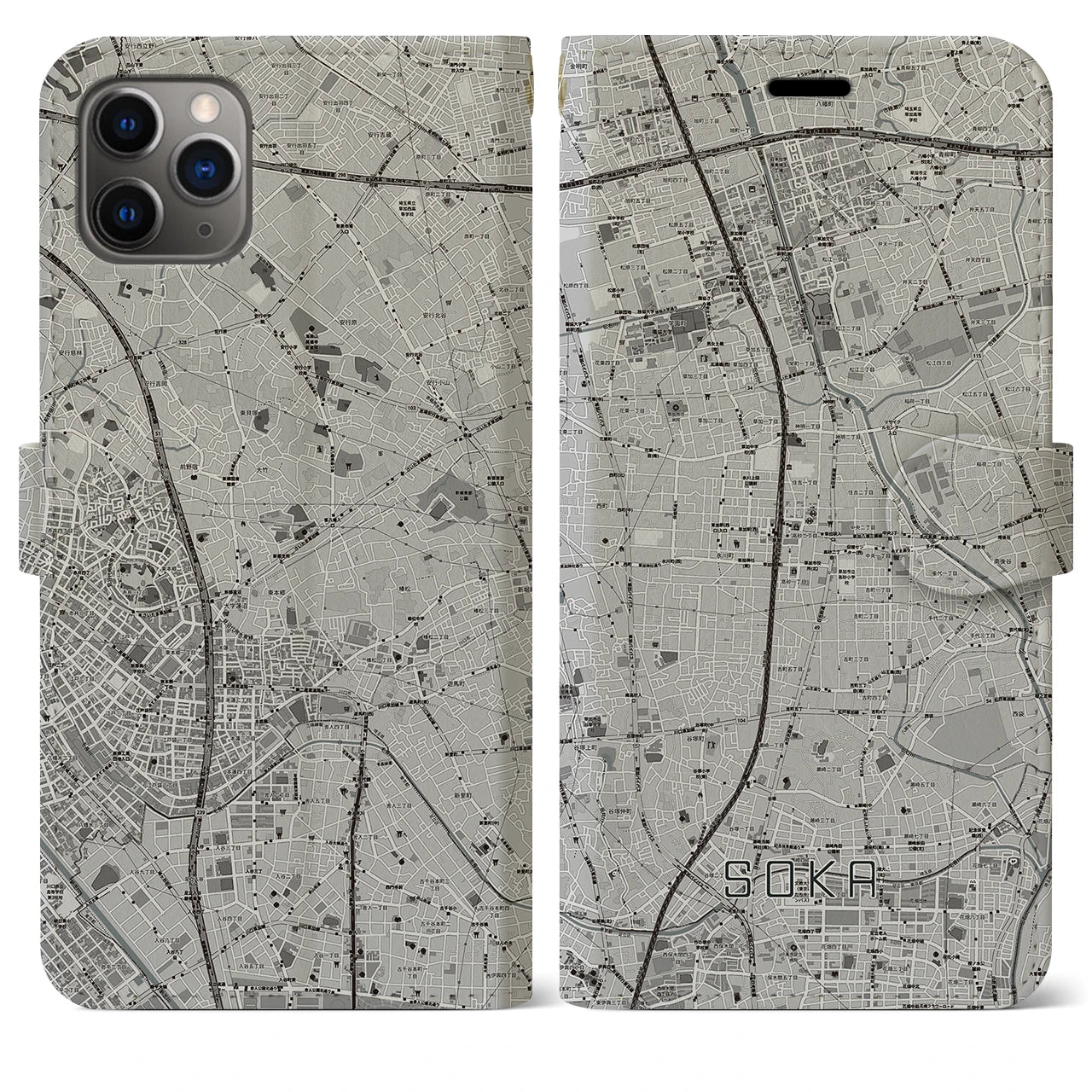 【草加(埼玉県)】地図柄iPhoneケース(手帳タイプ)モノトーン・iPhone 11 Pro Max 用