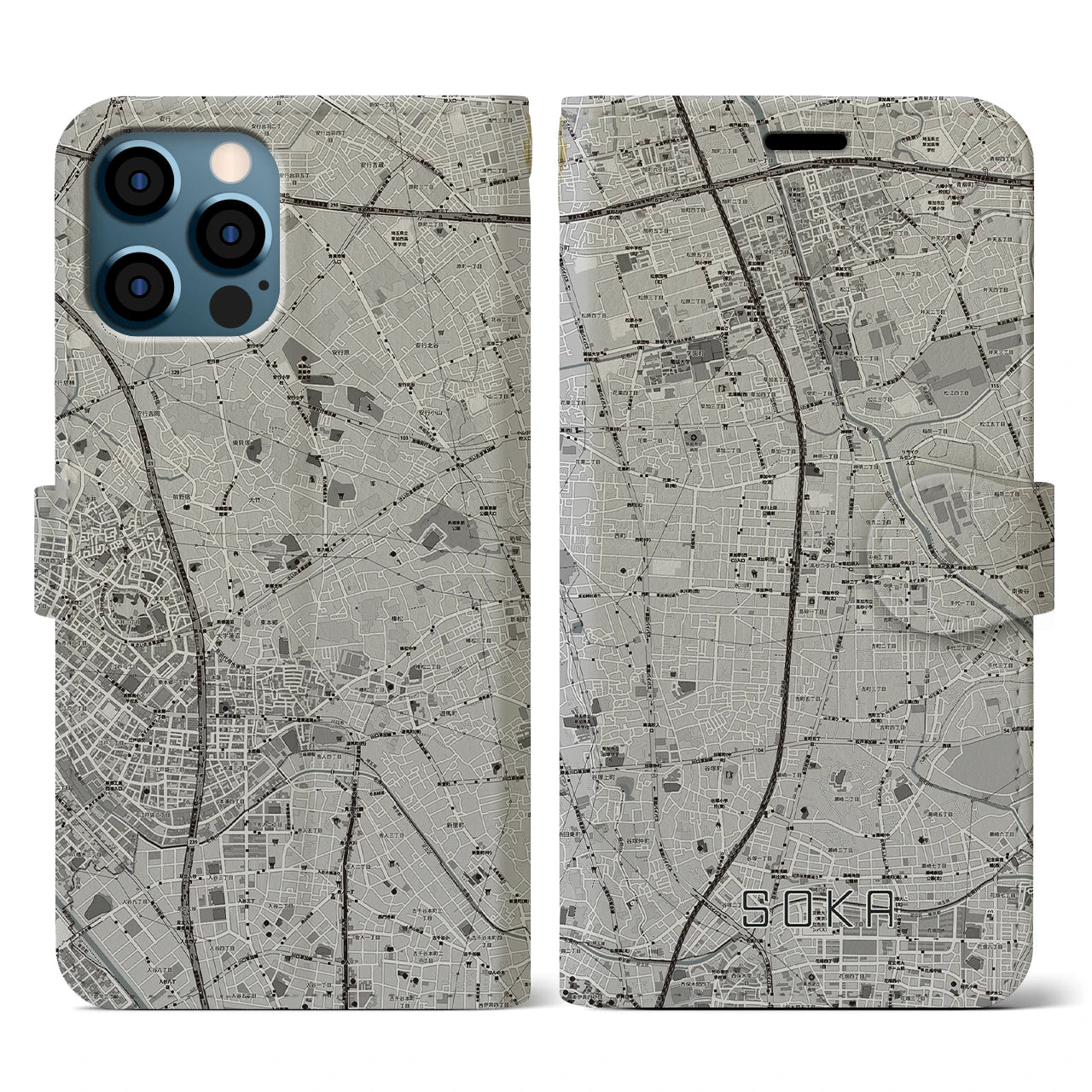 【草加(埼玉県)】地図柄iPhoneケース(手帳タイプ)モノトーン・iPhone 12 / 12 Pro 用
