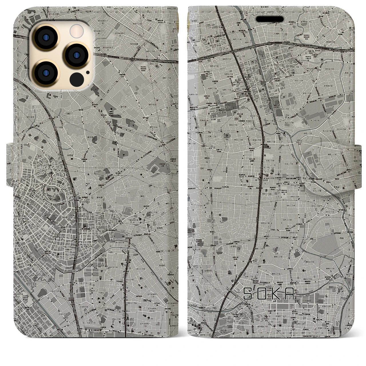 【草加(埼玉県)】地図柄iPhoneケース(手帳タイプ)