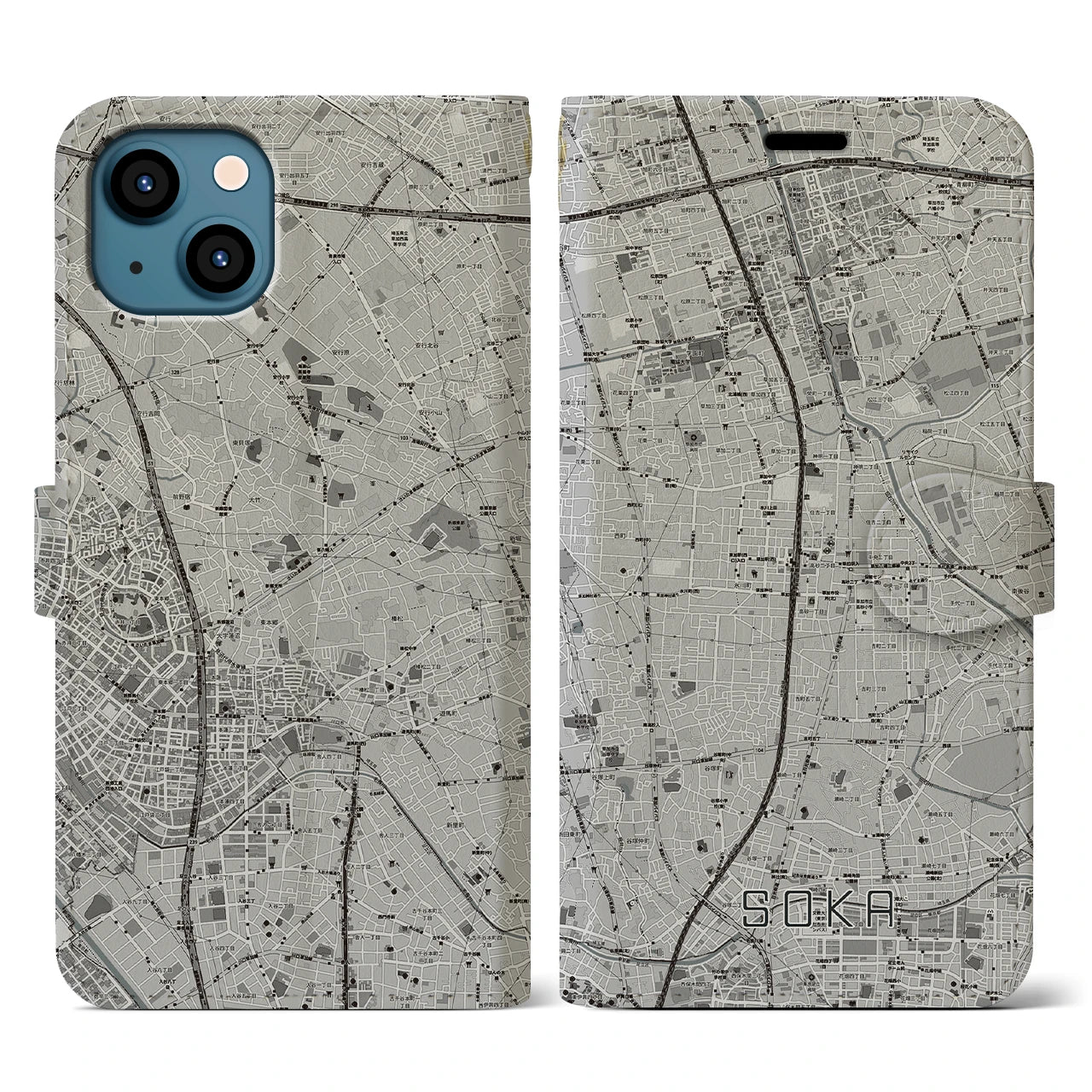 【草加(埼玉県)】地図柄iPhoneケース(手帳タイプ)モノトーン・iPhone 13 用