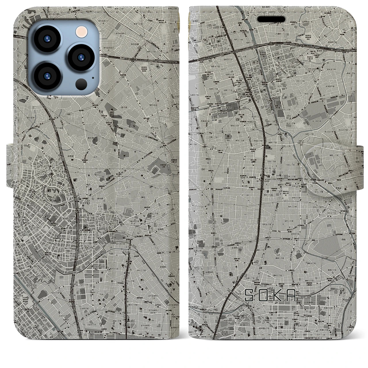 【草加(埼玉県)】地図柄iPhoneケース(手帳タイプ)モノトーン・iPhone 13 Pro Max 用