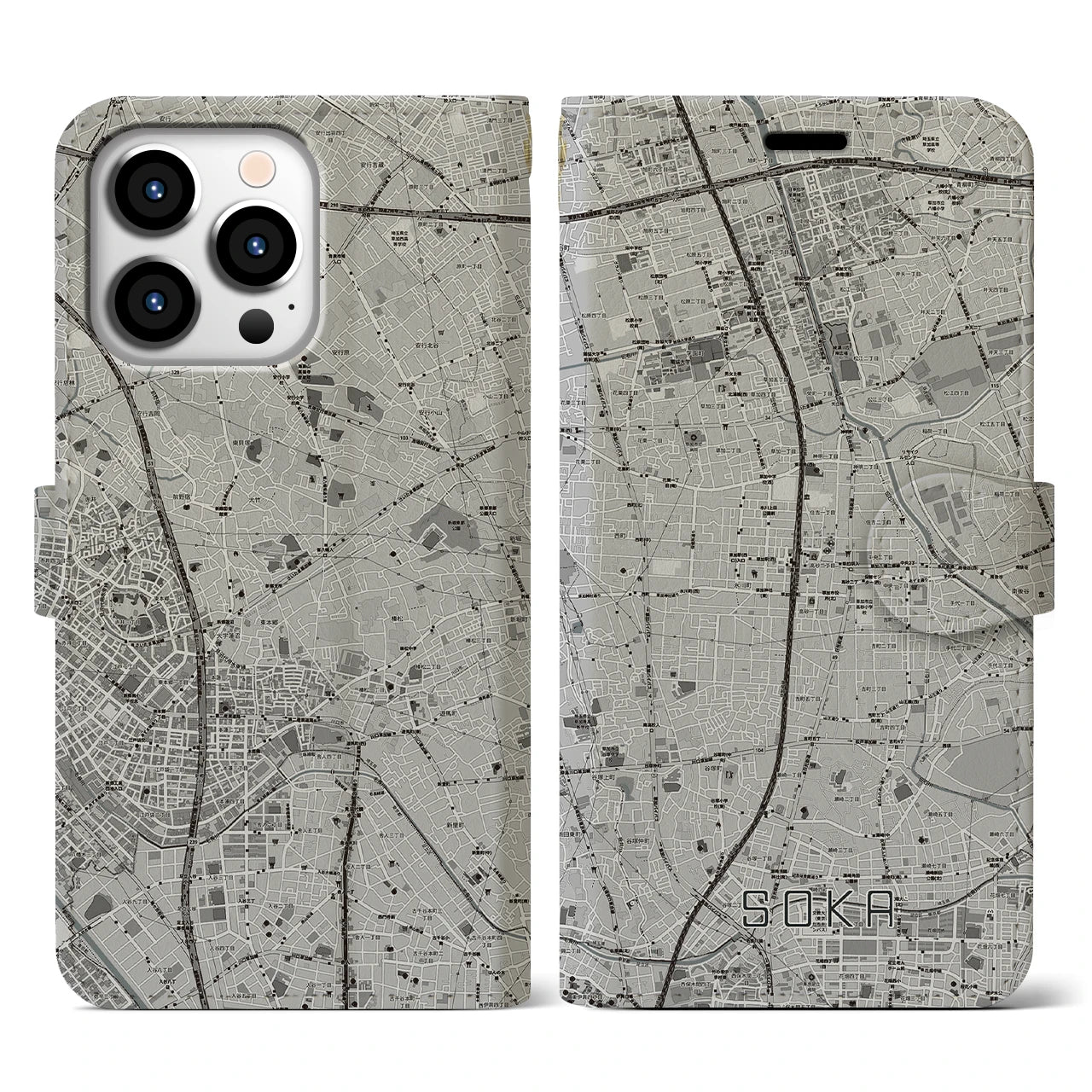 【草加(埼玉県)】地図柄iPhoneケース(手帳タイプ)モノトーン・iPhone 13 Pro 用