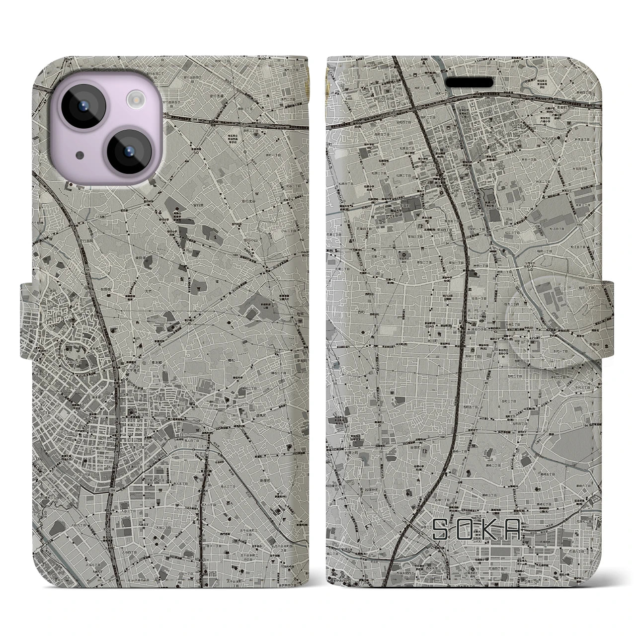 【草加(埼玉県)】地図柄iPhoneケース(手帳タイプ)モノトーン・iPhone 14 用