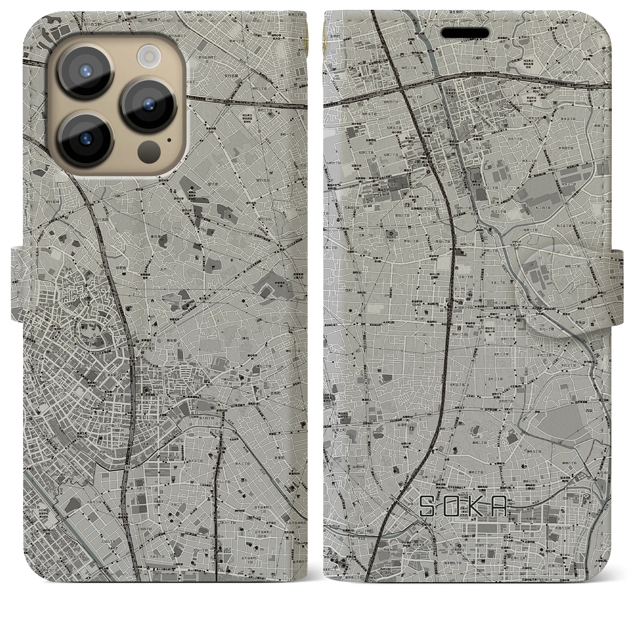 【草加(埼玉県)】地図柄iPhoneケース(手帳タイプ)モノトーン・iPhone 14 Pro Max 用