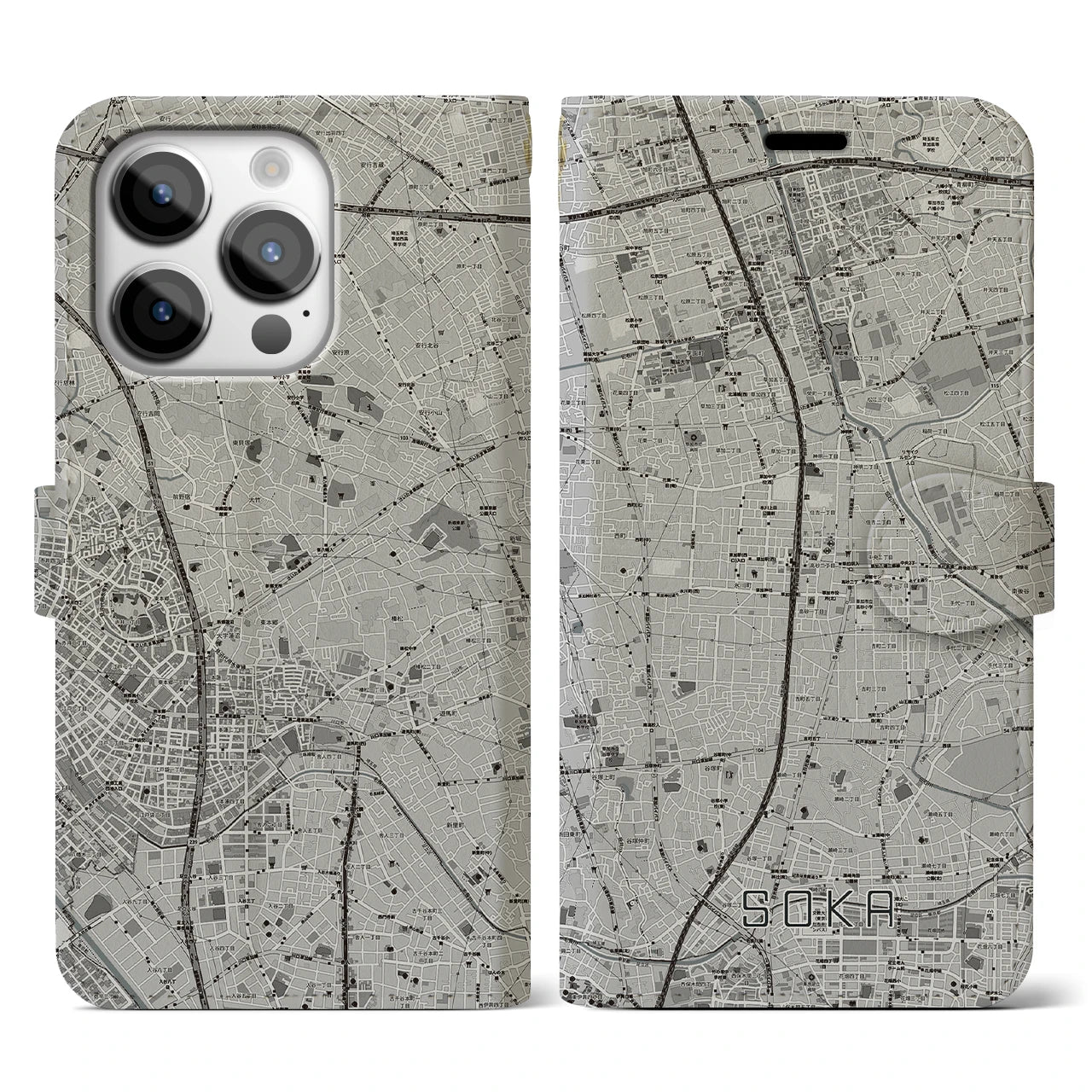 【草加(埼玉県)】地図柄iPhoneケース(手帳タイプ)モノトーン・iPhone 14 Pro 用