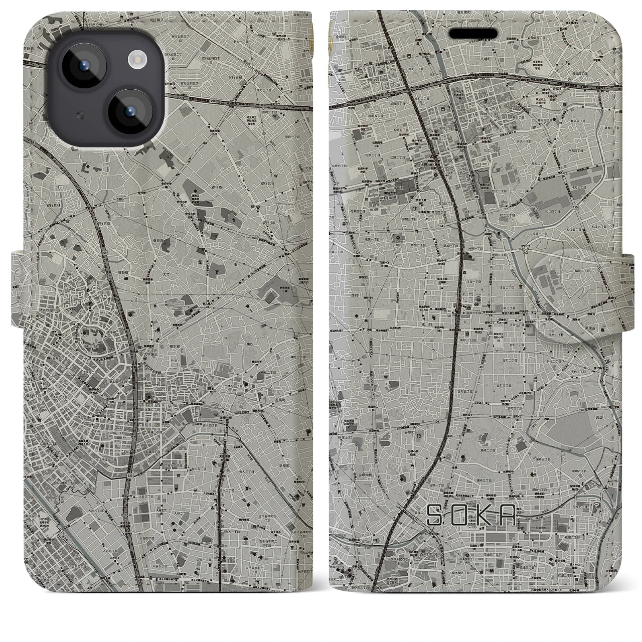 【草加(埼玉県)】地図柄iPhoneケース(手帳タイプ)モノトーン・iPhone 14 Plus 用