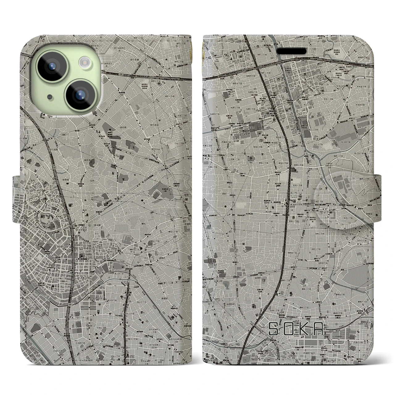 【草加(埼玉県)】地図柄iPhoneケース(手帳タイプ)モノトーン・iPhone 15 用