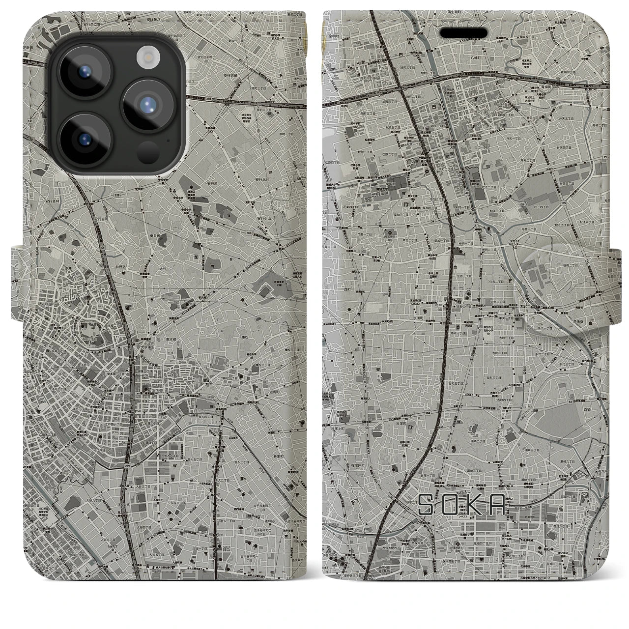 【草加(埼玉県)】地図柄iPhoneケース(手帳タイプ)モノトーン・iPhone 15 Pro Max 用