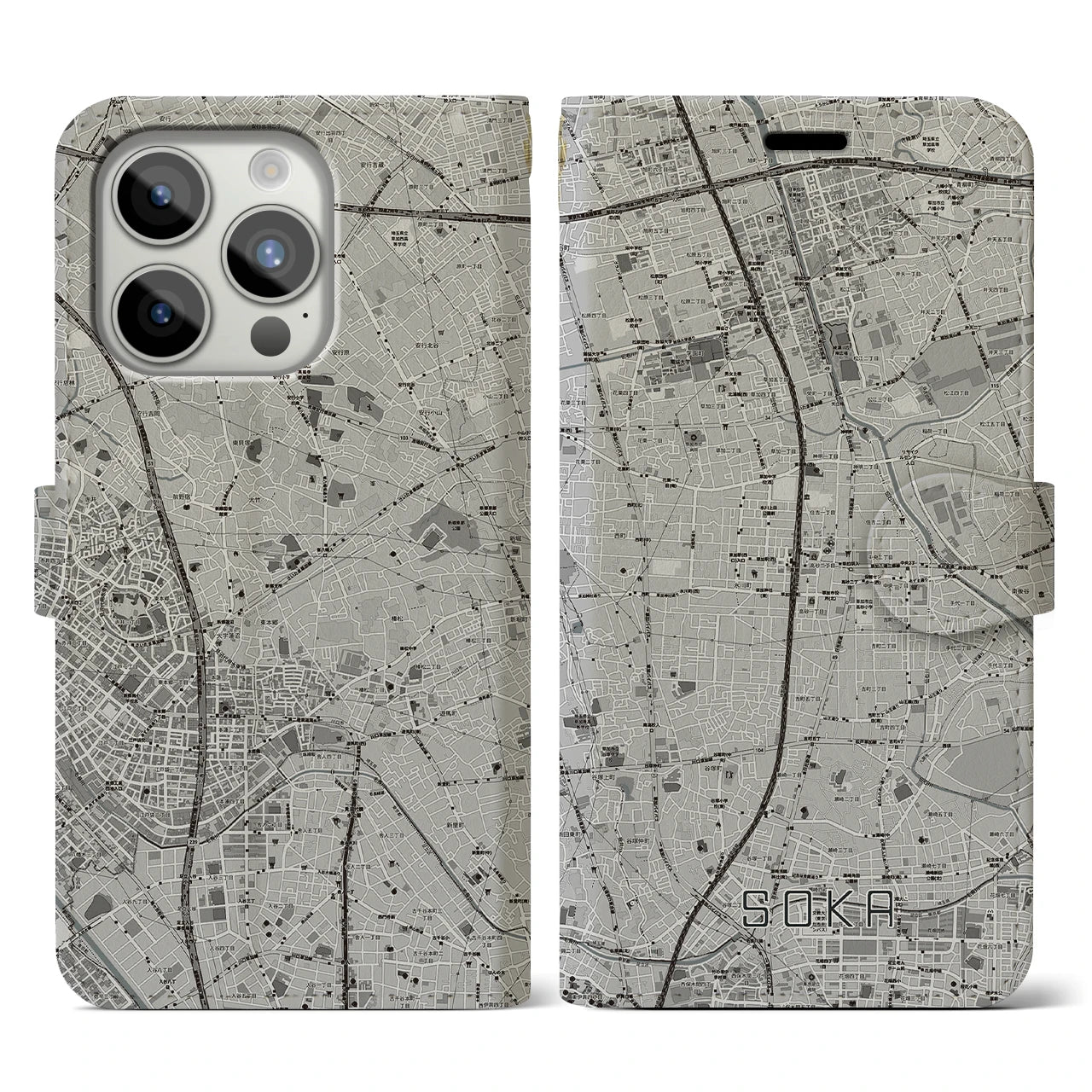 【草加(埼玉県)】地図柄iPhoneケース(手帳タイプ)モノトーン・iPhone 15 Pro 用