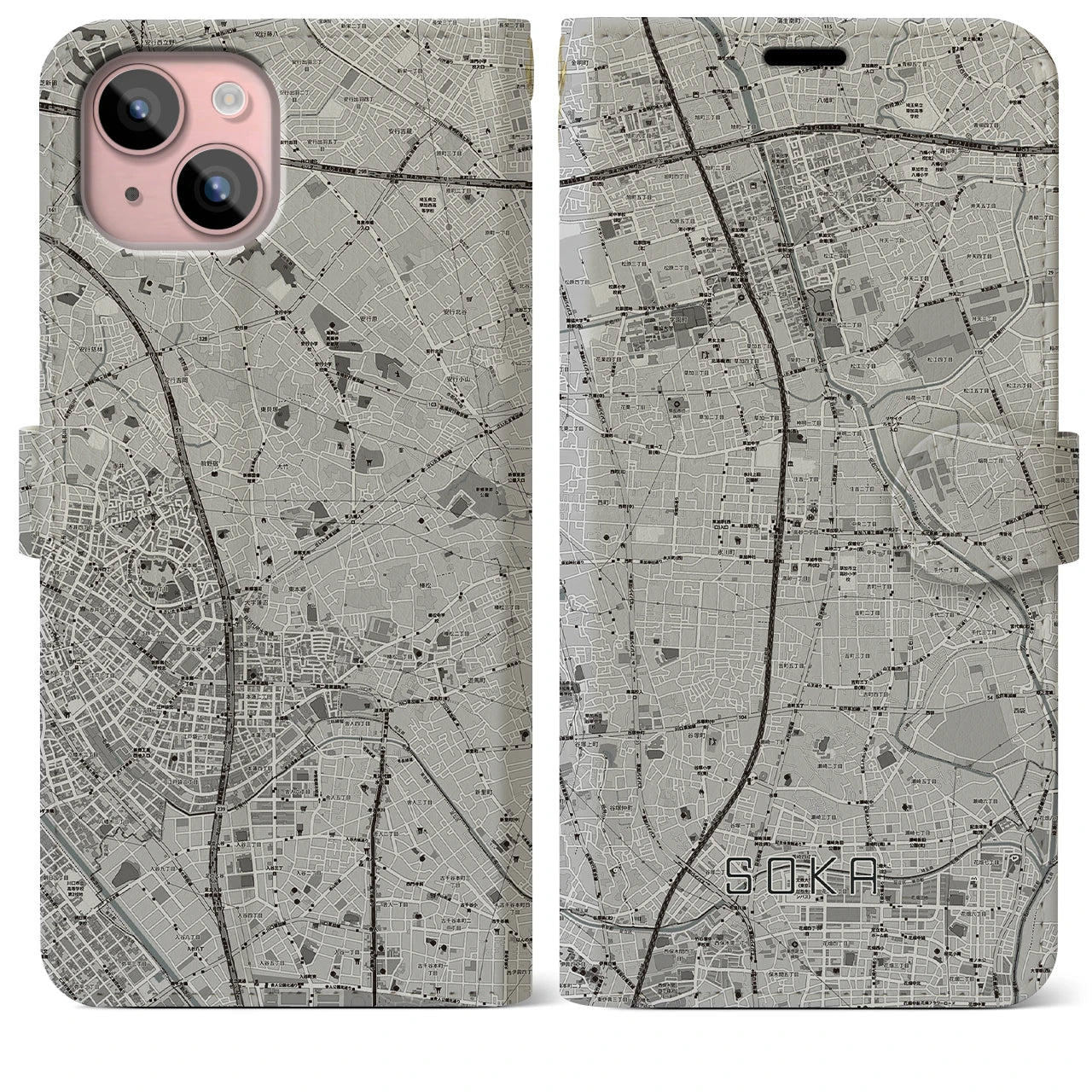 【草加(埼玉県)】地図柄iPhoneケース(手帳タイプ)モノトーン・iPhone 15 Plus 用