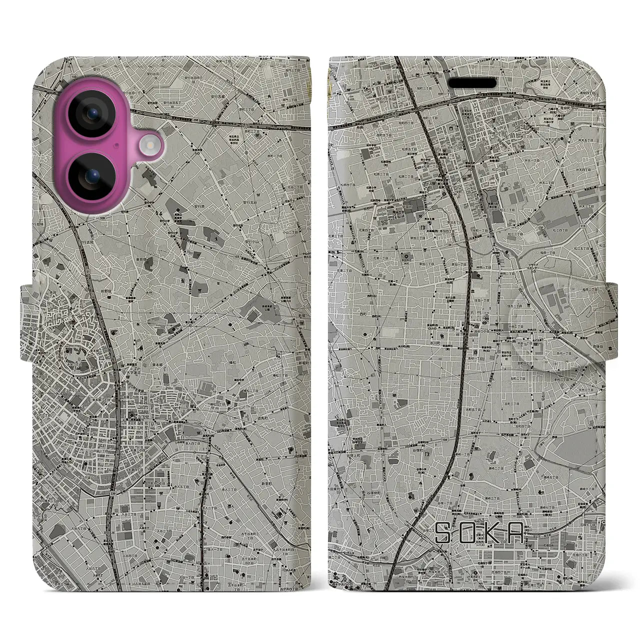 【草加(埼玉県)】地図柄iPhoneケース(手帳タイプ)モノトーン・iPhone 16 Pro 用