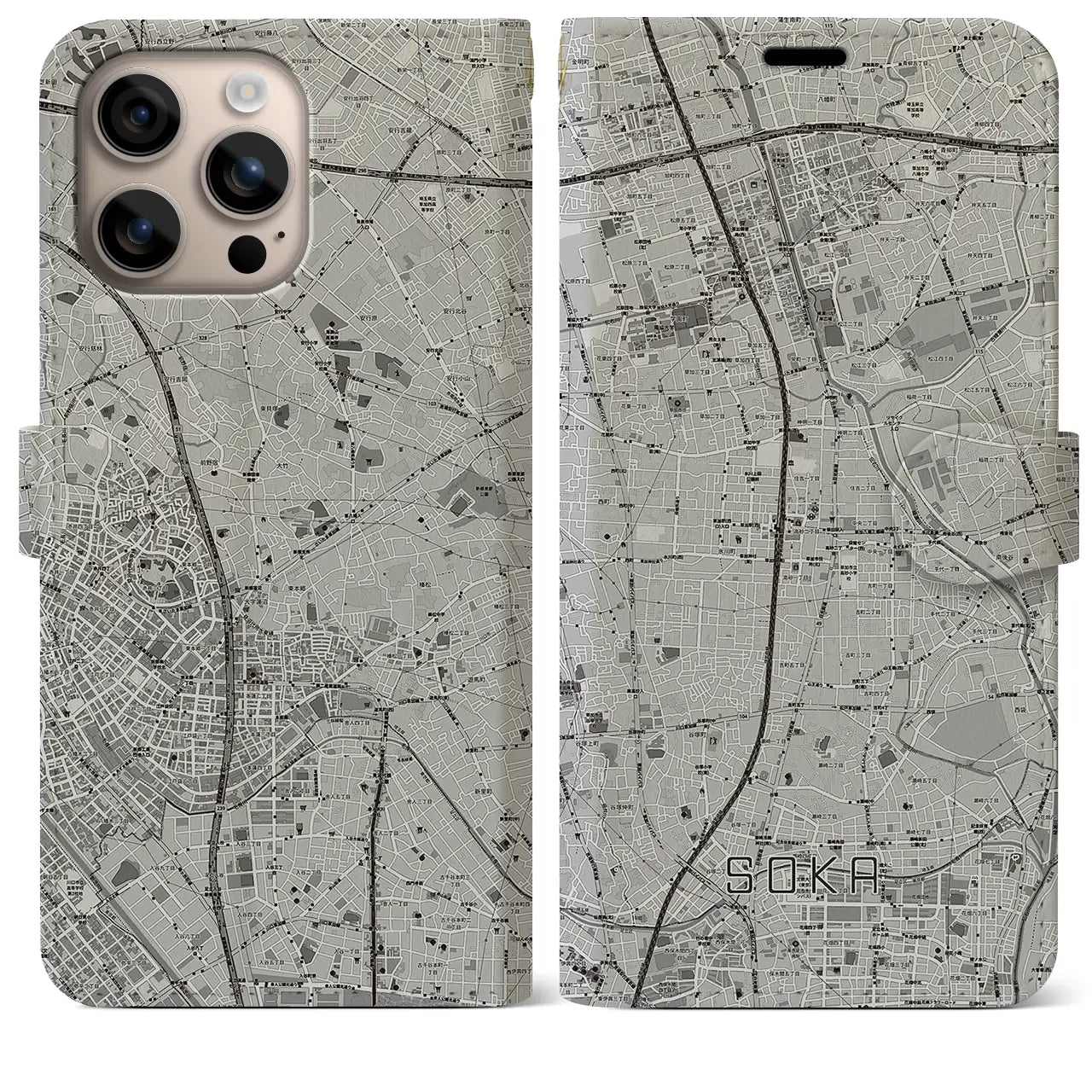 【草加(埼玉県)】地図柄iPhoneケース(手帳タイプ)モノトーン・iPhone 16 Plus 用