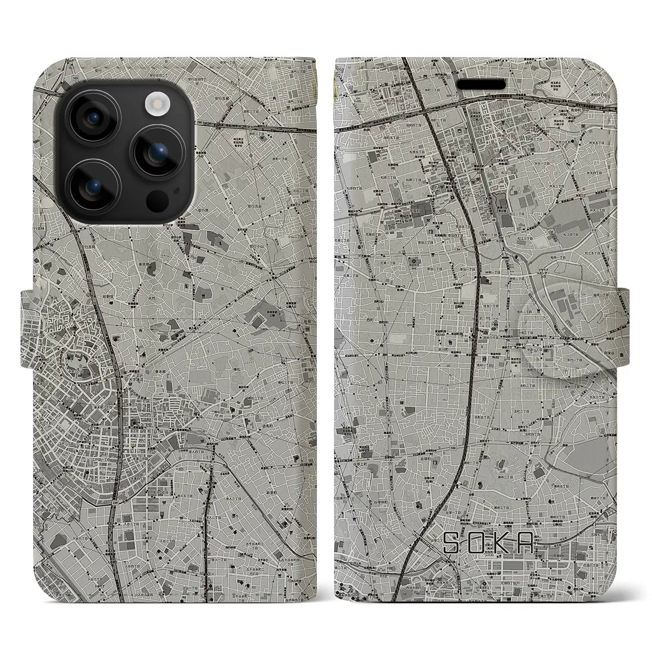 【草加(埼玉県)】地図柄iPhoneケース(手帳タイプ)モノトーン・iPhone 16 用