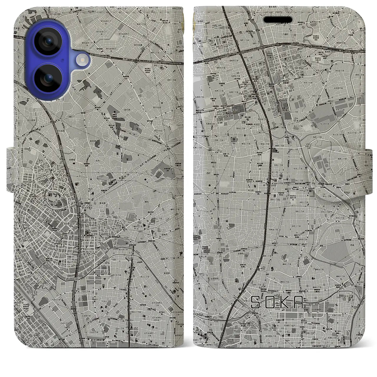 【草加(埼玉県)】地図柄iPhoneケース(手帳タイプ)モノトーン・iPhone 16 Pro Max 用