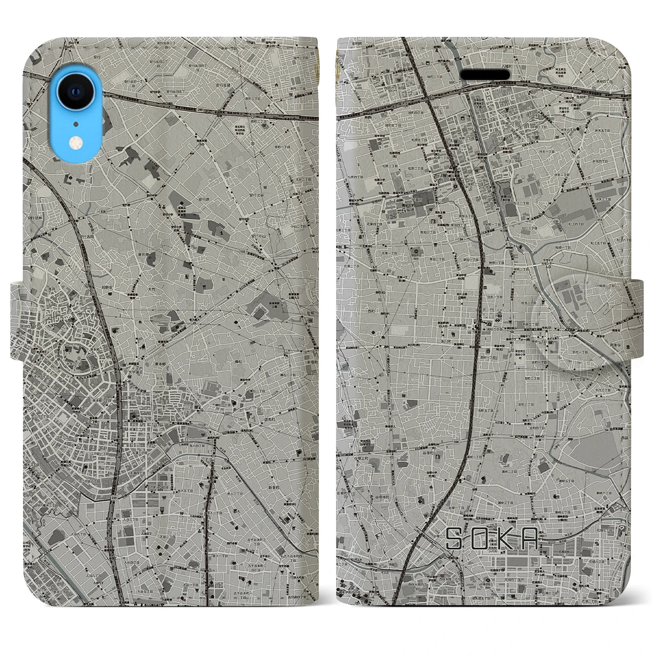 【草加(埼玉県)】地図柄iPhoneケース(手帳タイプ)モノトーン・iPhone XR 用