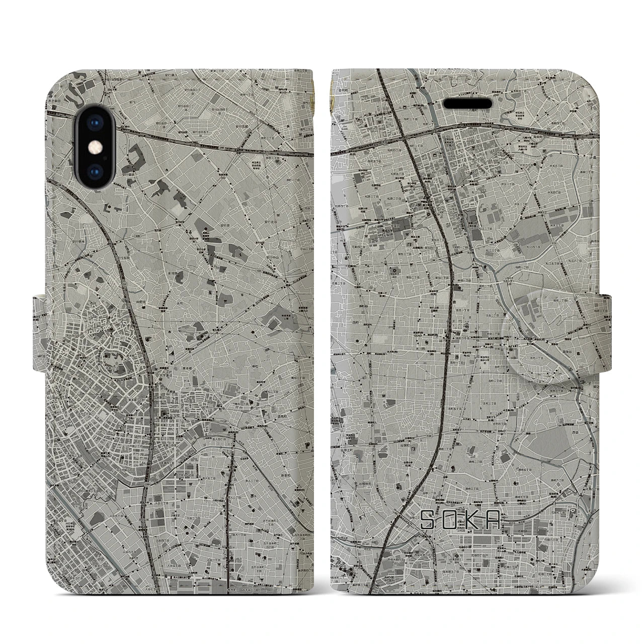 【草加(埼玉県)】地図柄iPhoneケース(手帳タイプ)モノトーン・iPhone XS / X 用